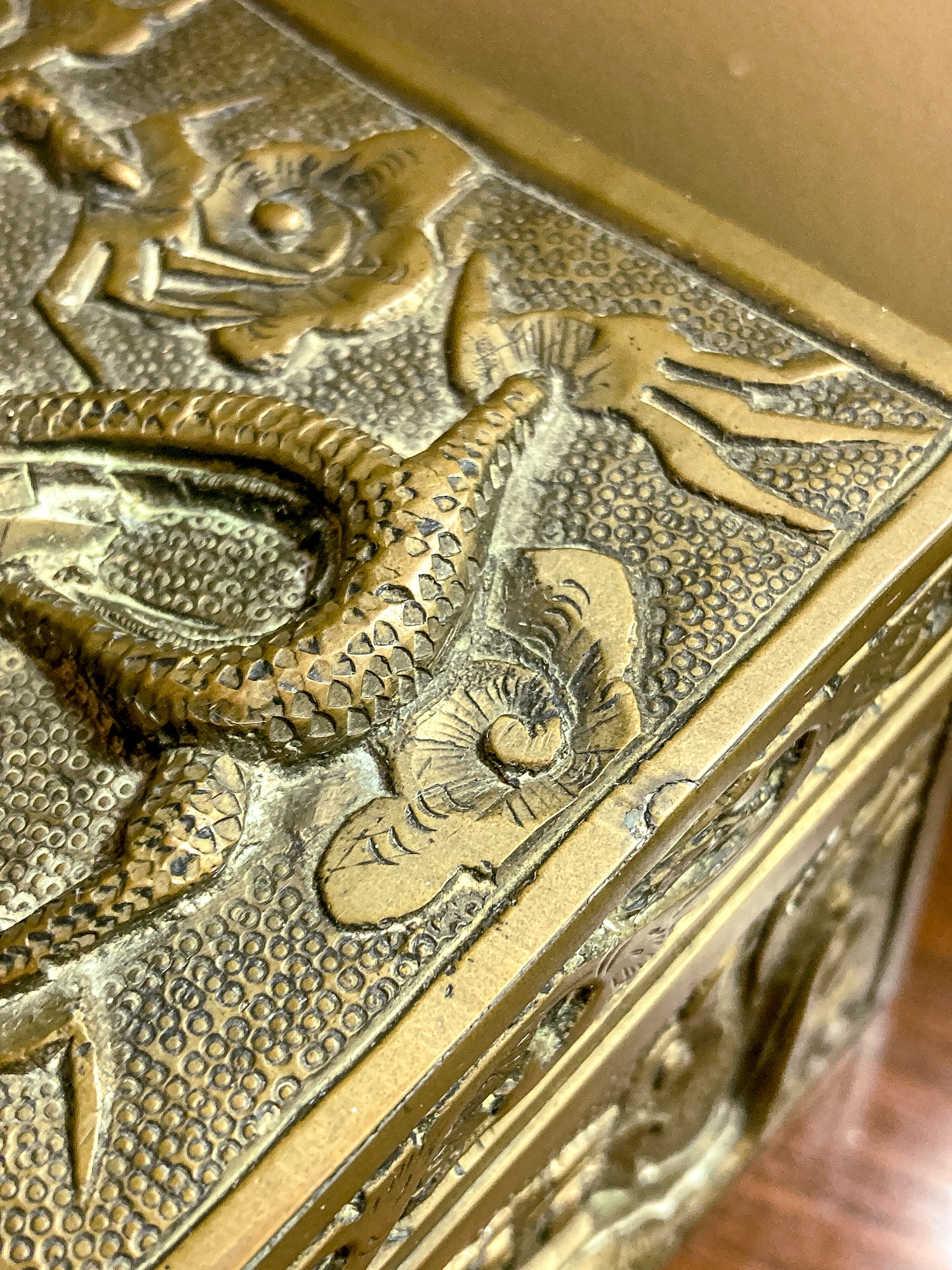 Antique Hand Engraved Sculptural Brass Dragon Wood Lined Cigar Box