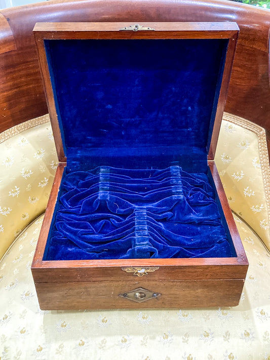 Antique Handmade Velvet Lined Mahogany Wood Silver Chest Box