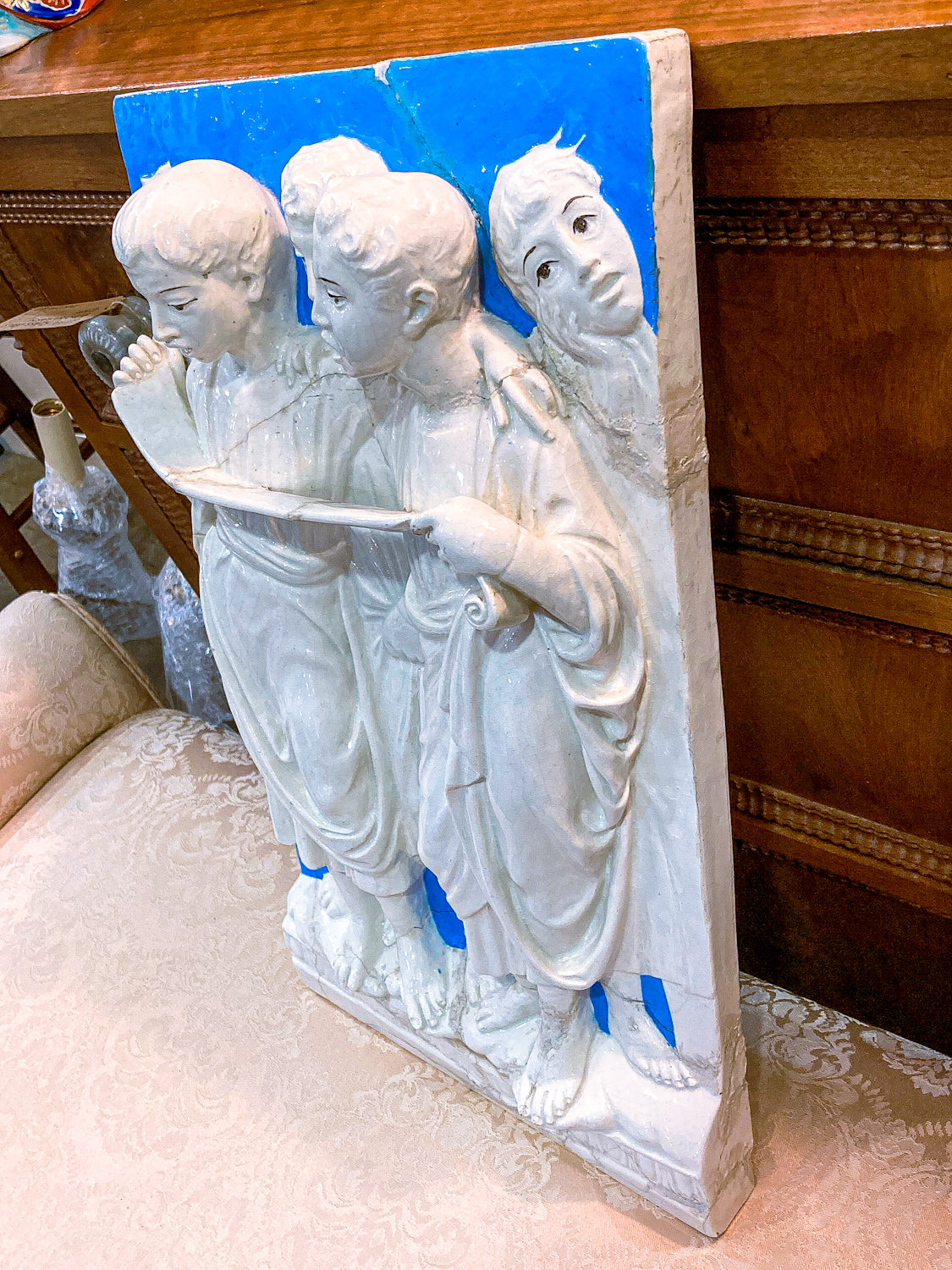 Antique Italian Five Singers Reading Scroll Relief Earthenware Wall Plaque
