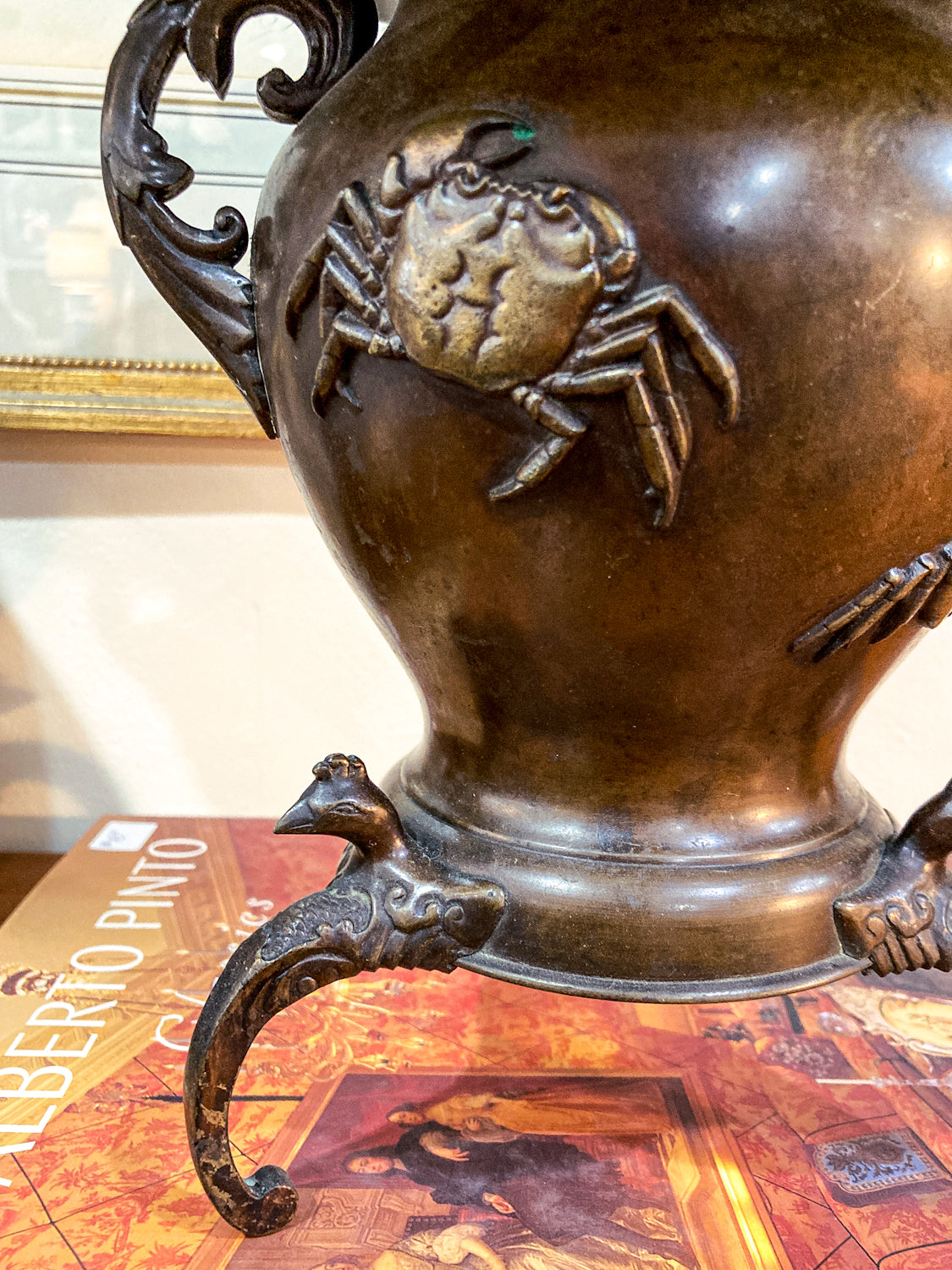 Antique Japanese Yoshimasa Bronze Crab Ocean Motif Ikebana Vase