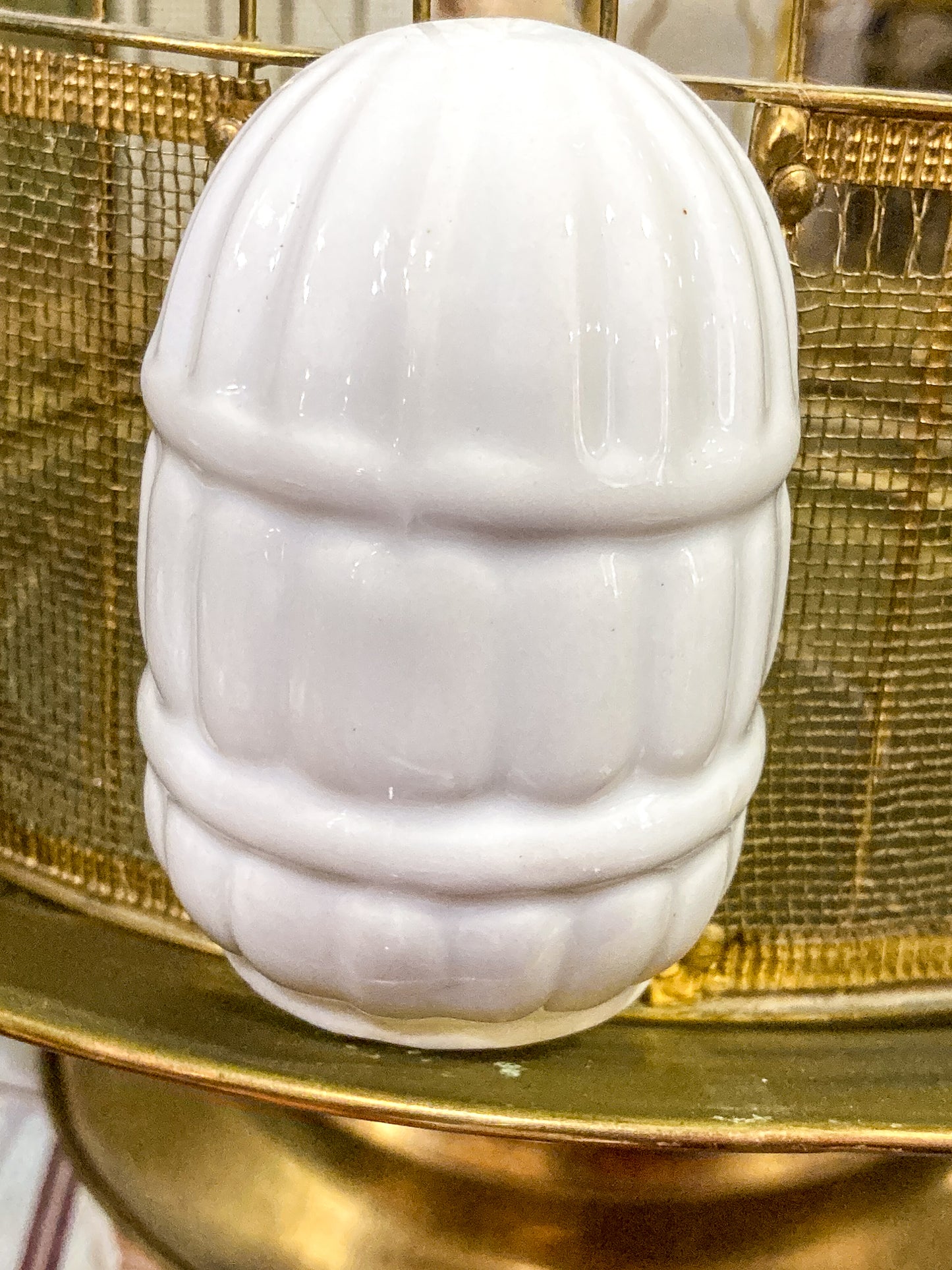 Antique Maxwell Brass Milk Glass Wooden Bird Sculpture Wire Bird Cage