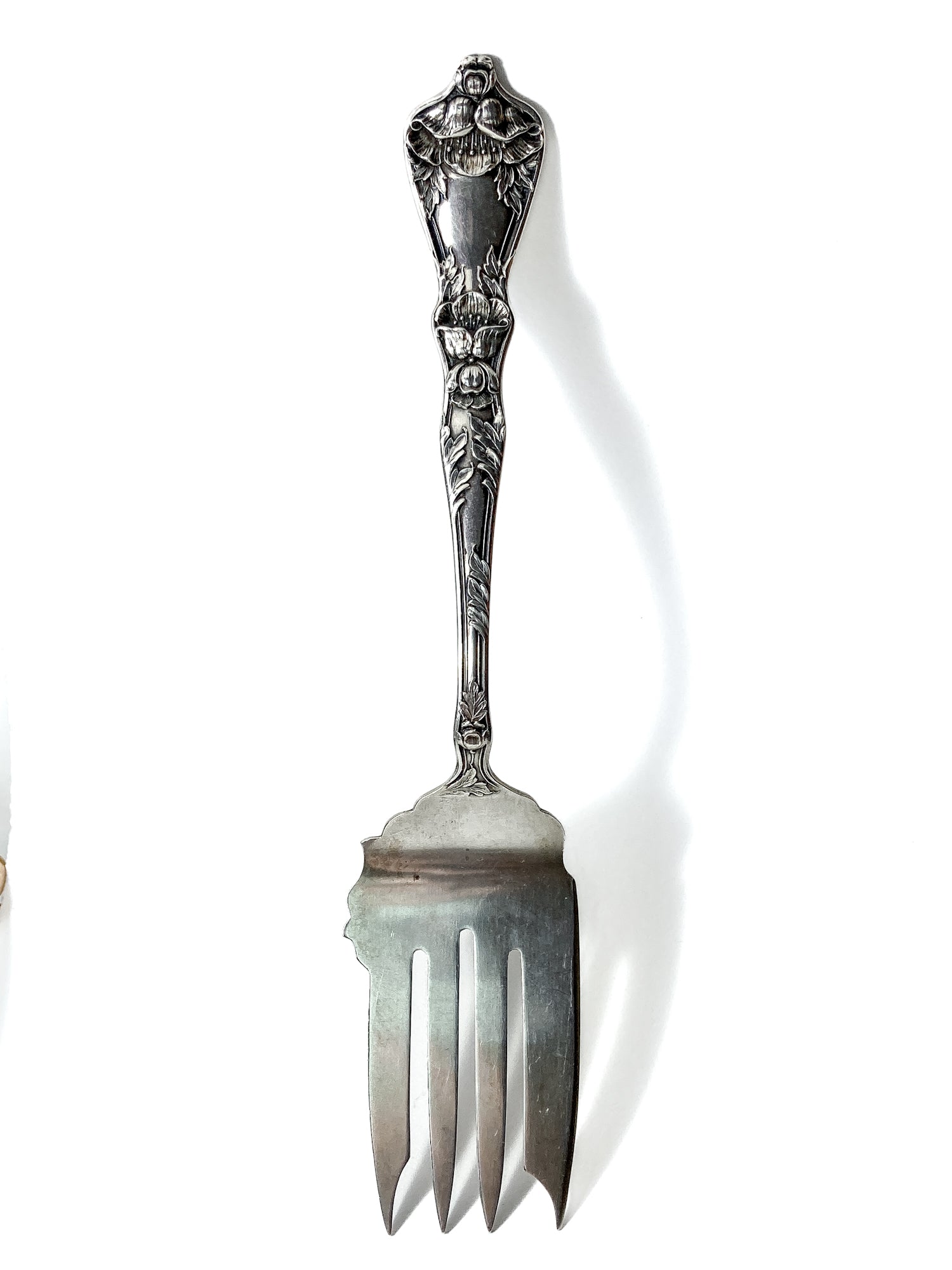 Antique Poppy Flower Pattern Baker Manchester Co Sterling Silver Cold Meat Serving Fork white background