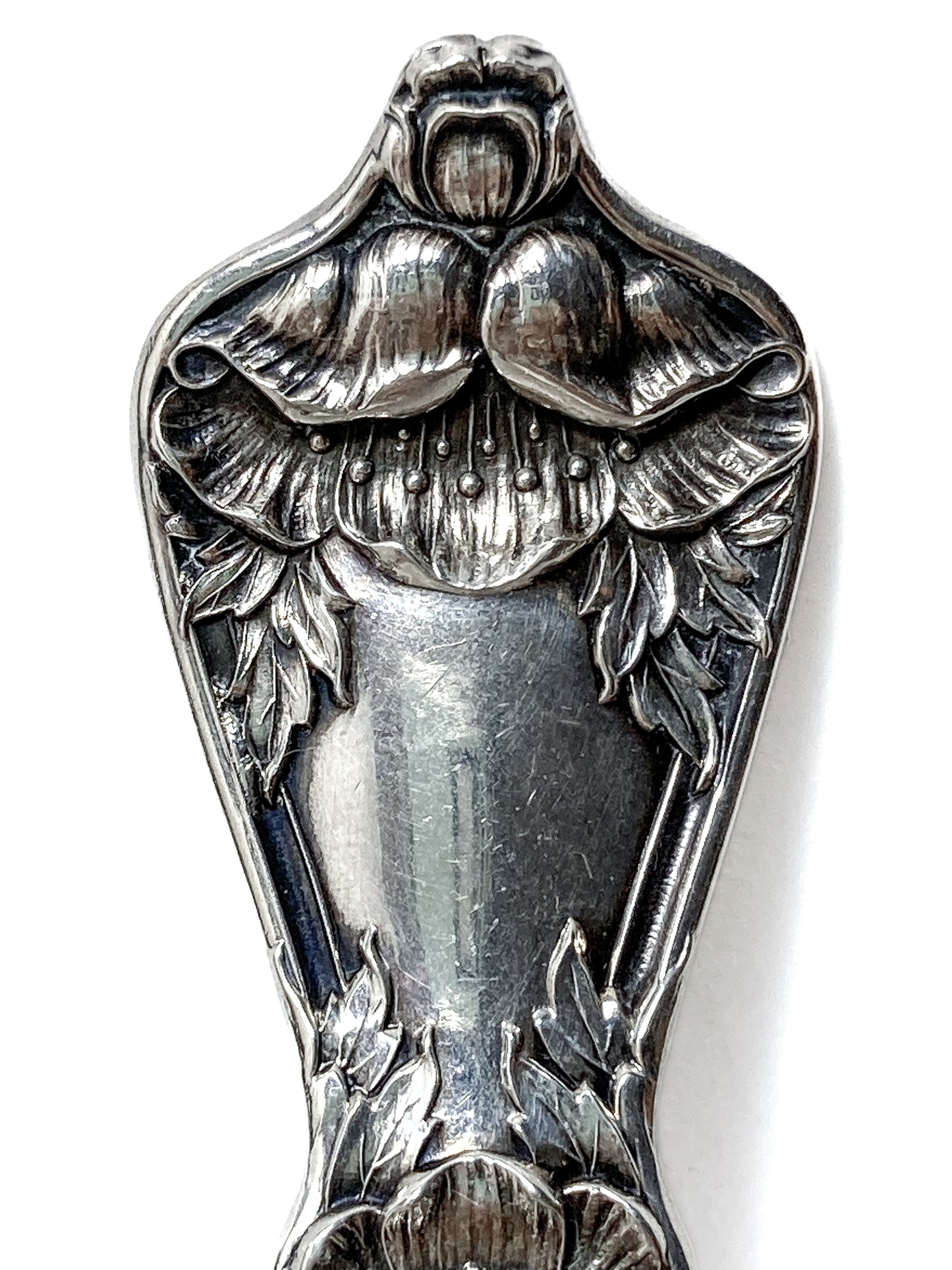 Antique Poppy Flower Pattern Baker Manchester Co Sterling Silver Cold Meat Serving Fork white background