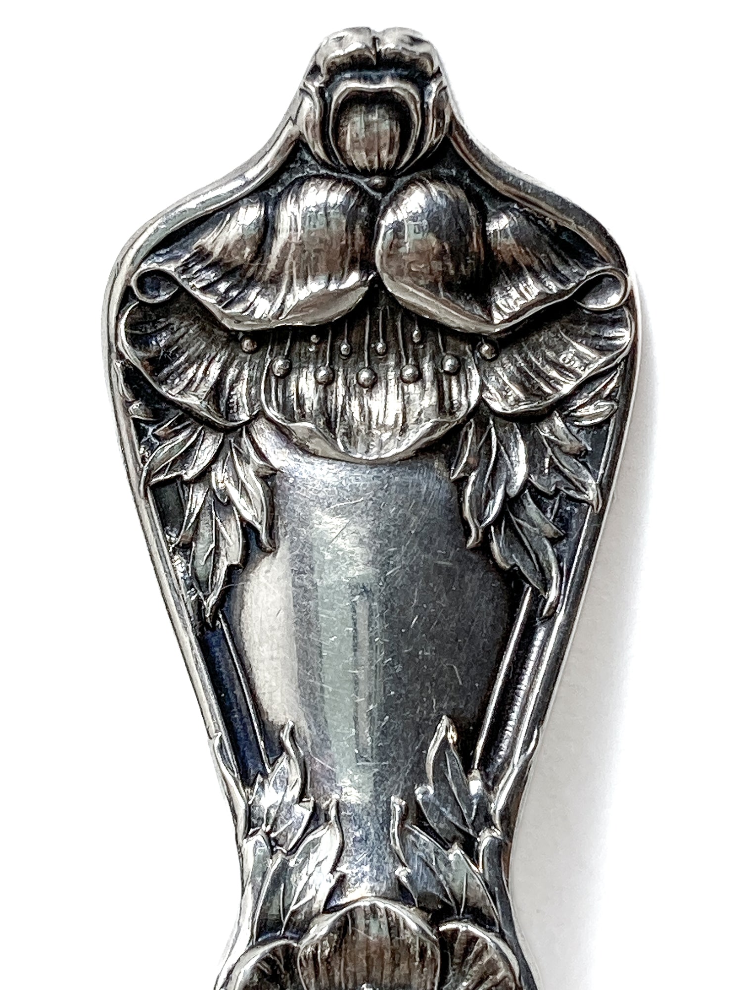 Antique Poppy Flower Pattern Baker Manchester Co Sterling Silver Cold Meat Serving Fork white background