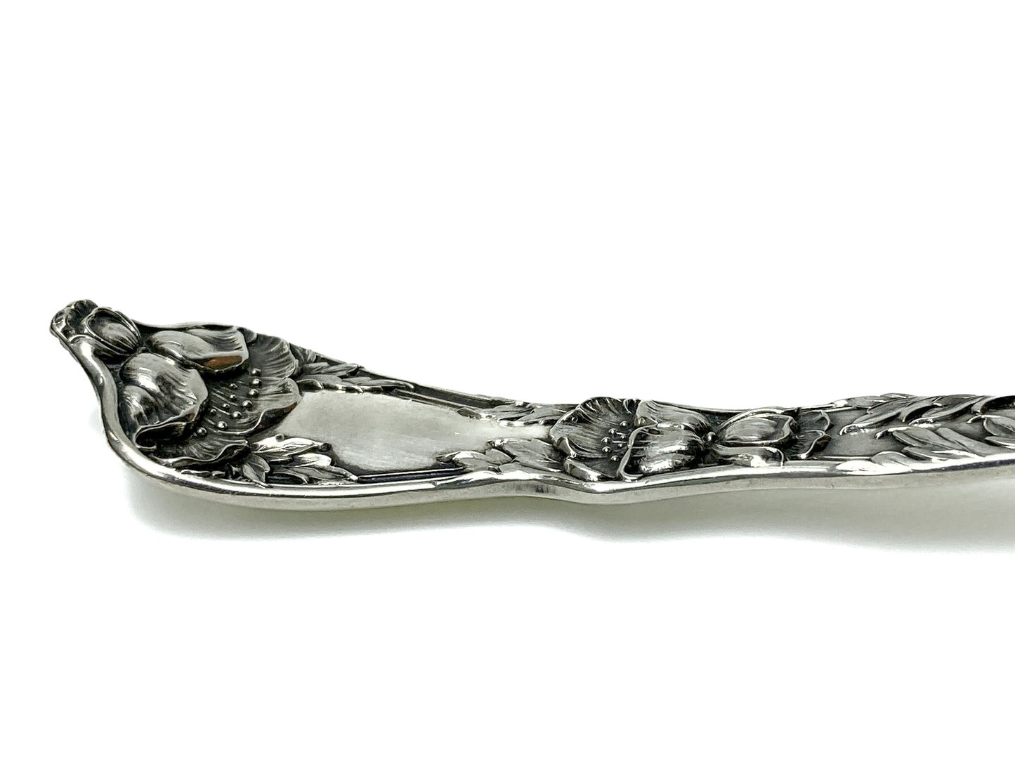 Antique Poppy Flower Pattern Baker Manchester Co Sterling Silver Cold Meat Serving Fork white background