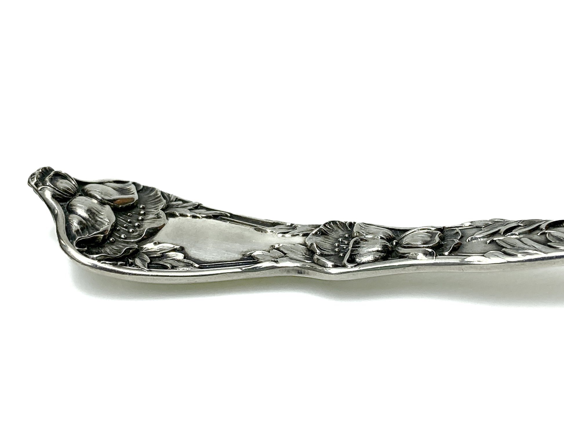 Antique Poppy Flower Pattern Baker Manchester Co Sterling Silver Cold Meat Serving Fork white background
