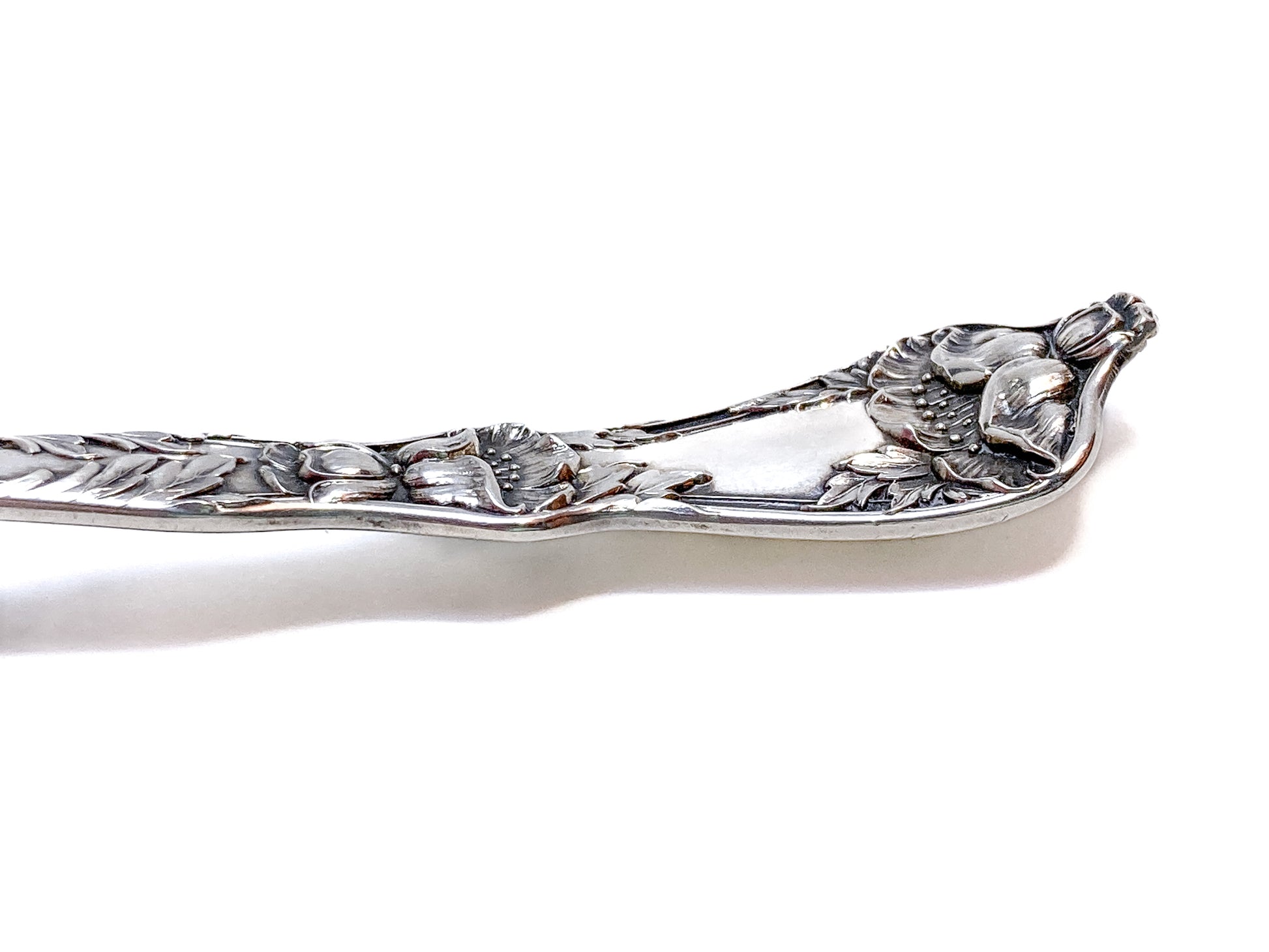 Antique Poppy Flower Pattern Baker Manchester Co Sterling Silver Cold Meat Serving Fork white background