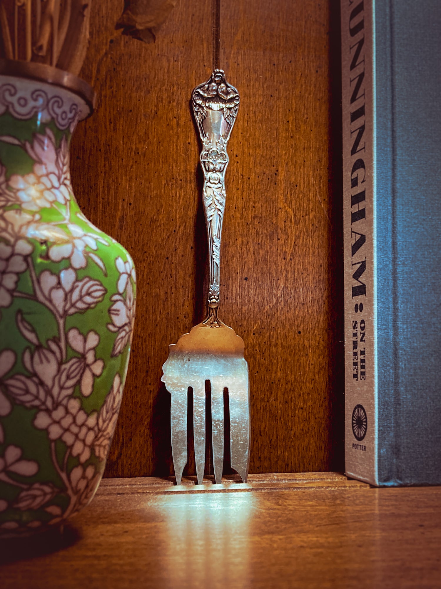 Antique Poppy Flower Pattern Baker Manchester Co Sterling Silver Cold Meat Serving Fork wood background
