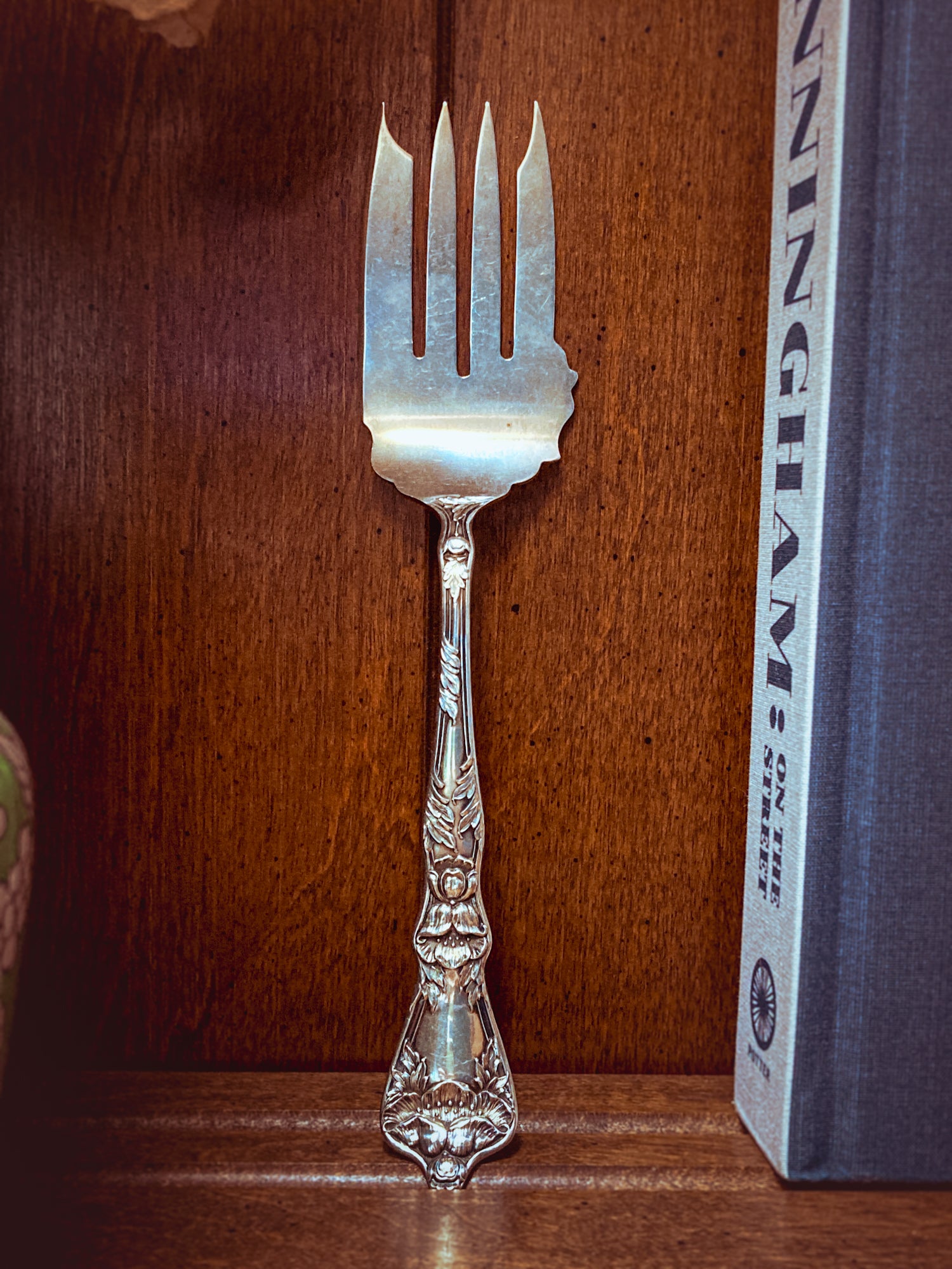 Antique Poppy Flower Pattern Baker Manchester Co Sterling Silver Cold Meat Serving Fork wooden background