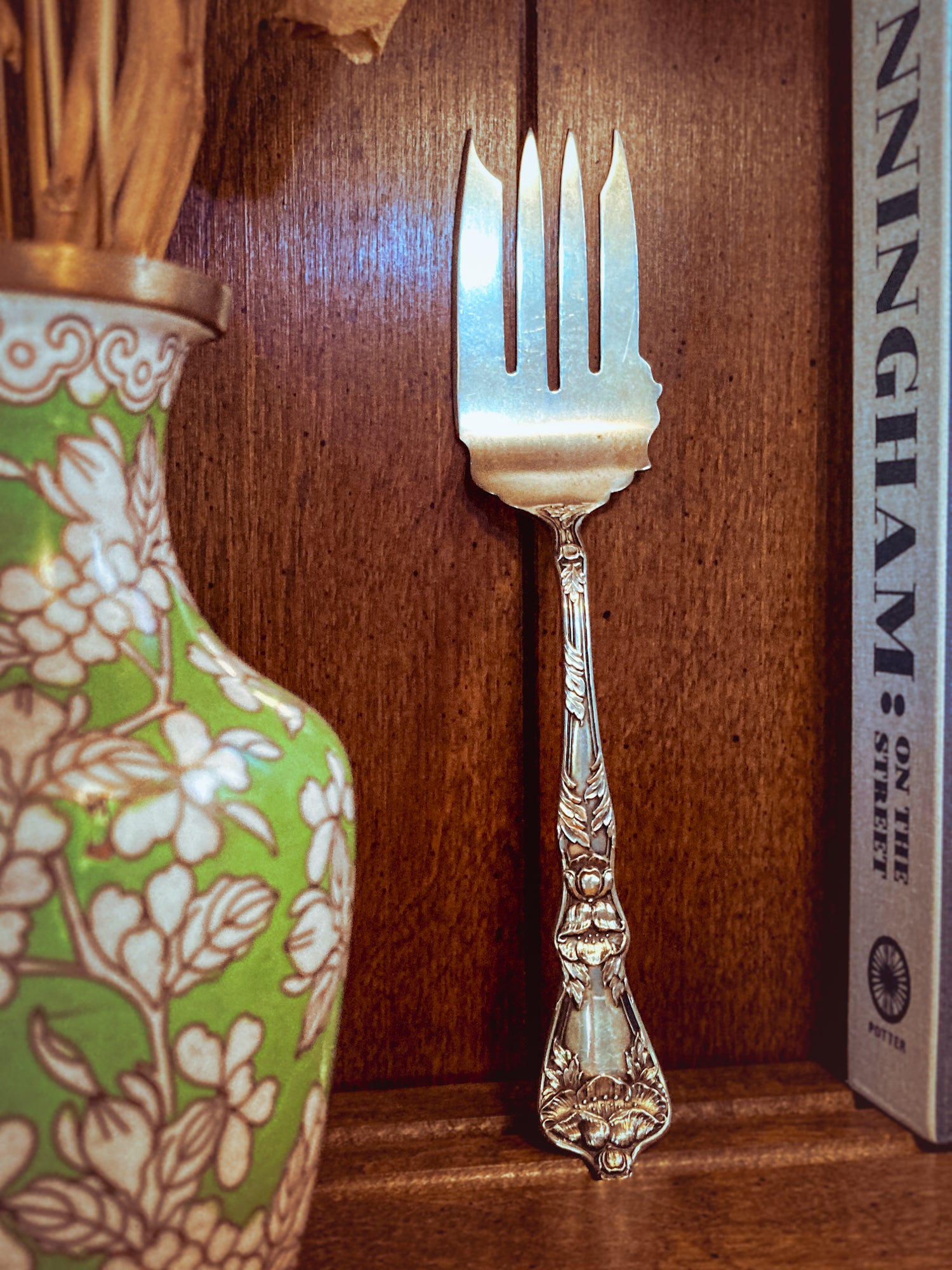 Antique Poppy Flower Pattern Baker Manchester Co Sterling Silver Cold Meat Serving Fork wood background