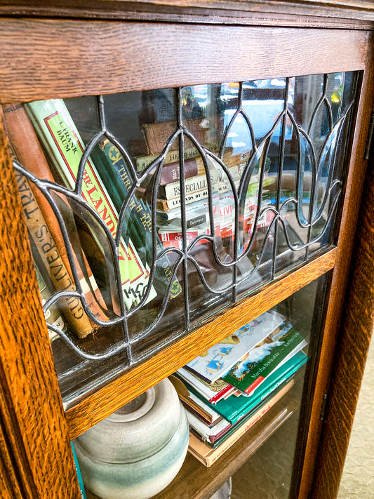Antique Quarter Sawn Oak Tulip Leaded Beveled Glass Closed Bookcase Cabinet