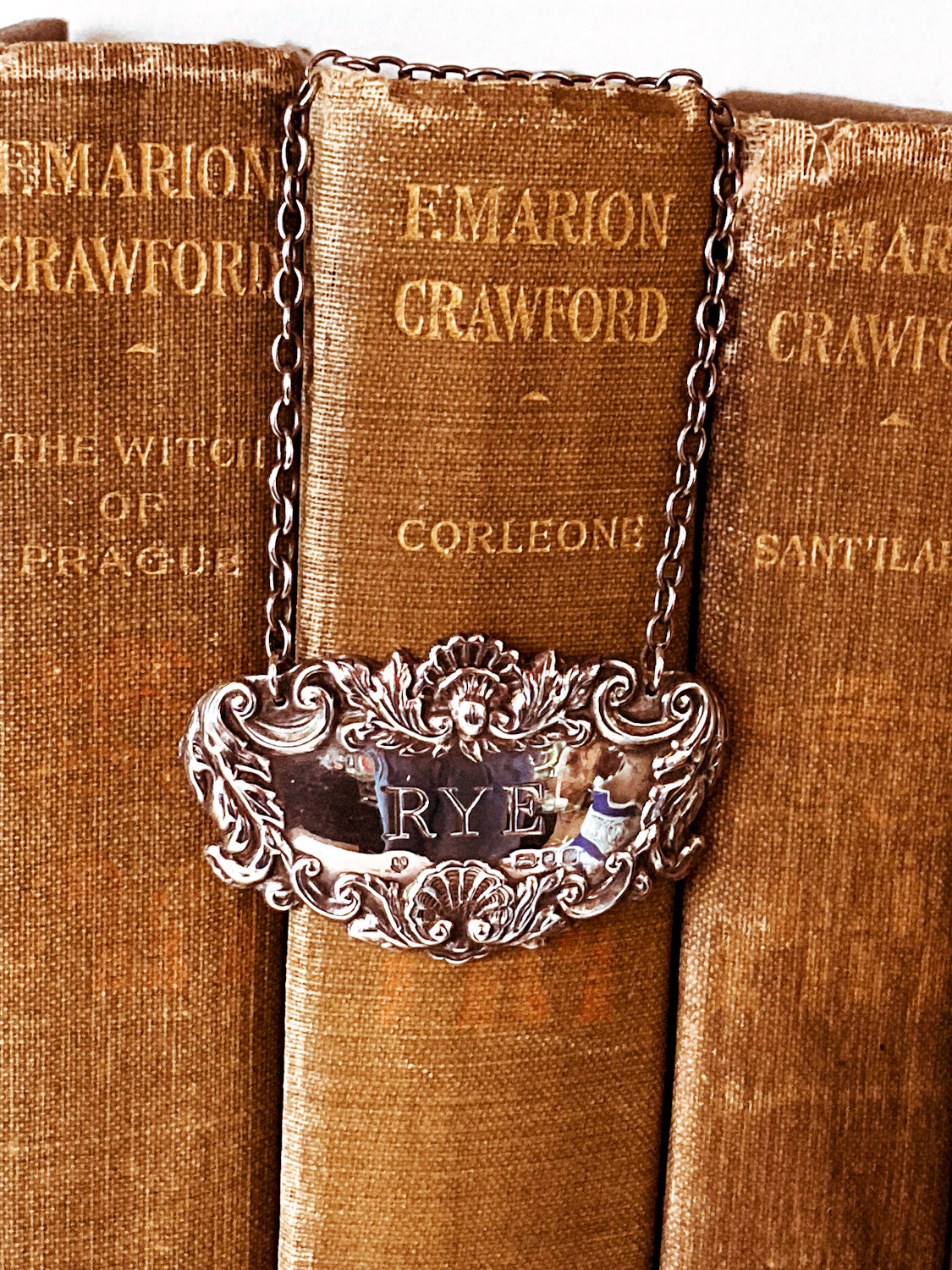 Antique Inspired English Repoussé Sterling Silver Rye Bottle Necklace Bar Tag