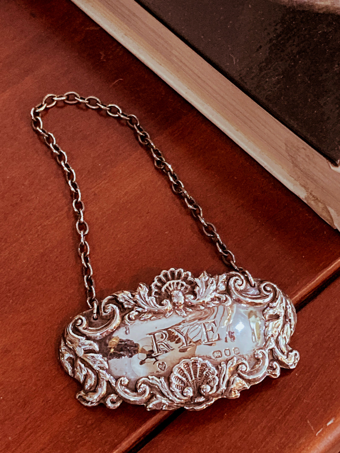 Antique Inspired English Repoussé Sterling Silver Rye Bottle Necklace Bar Tag