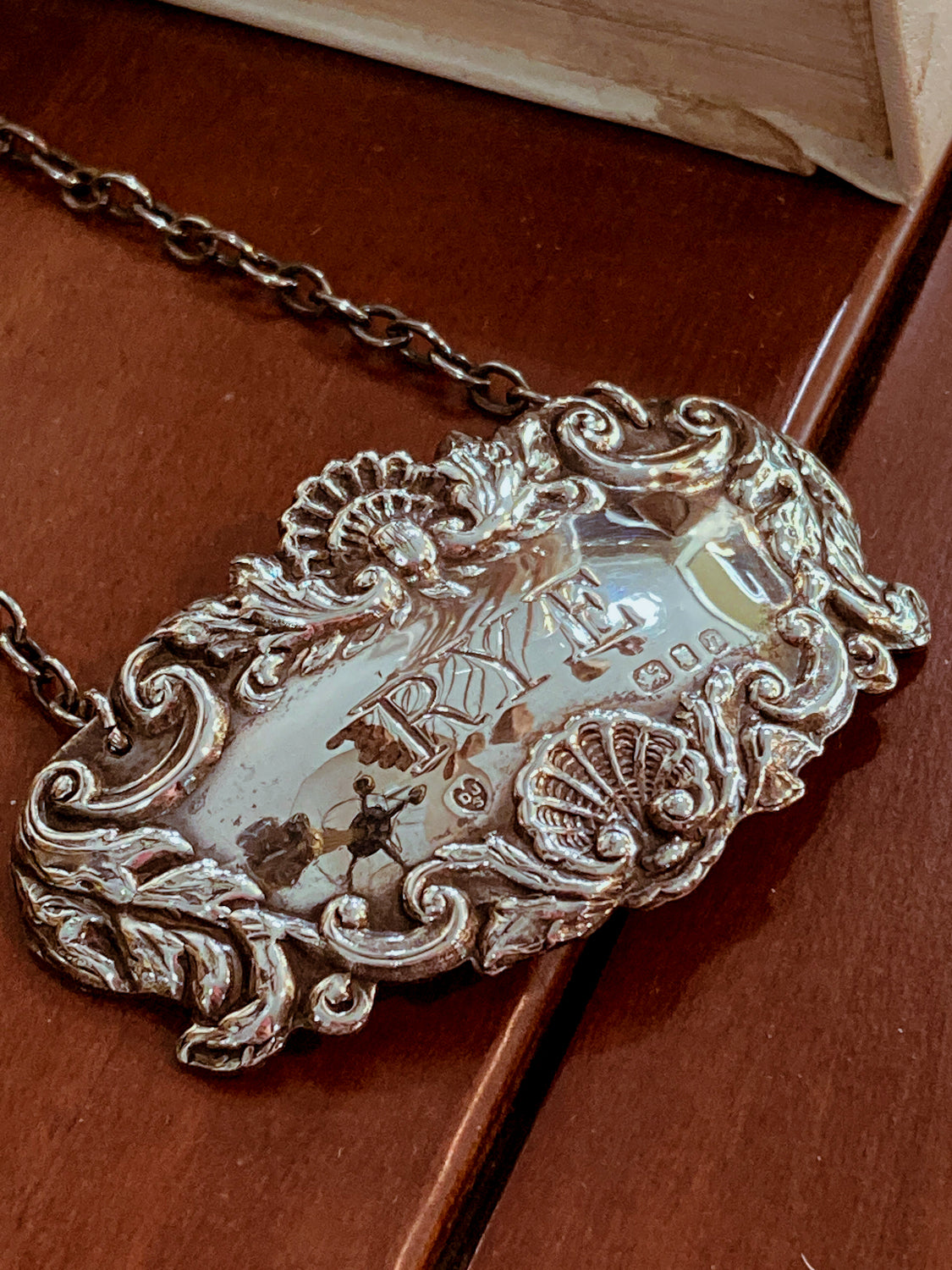 Antique Inspired English Repoussé Sterling Silver Rye Bottle Necklace Bar Tag