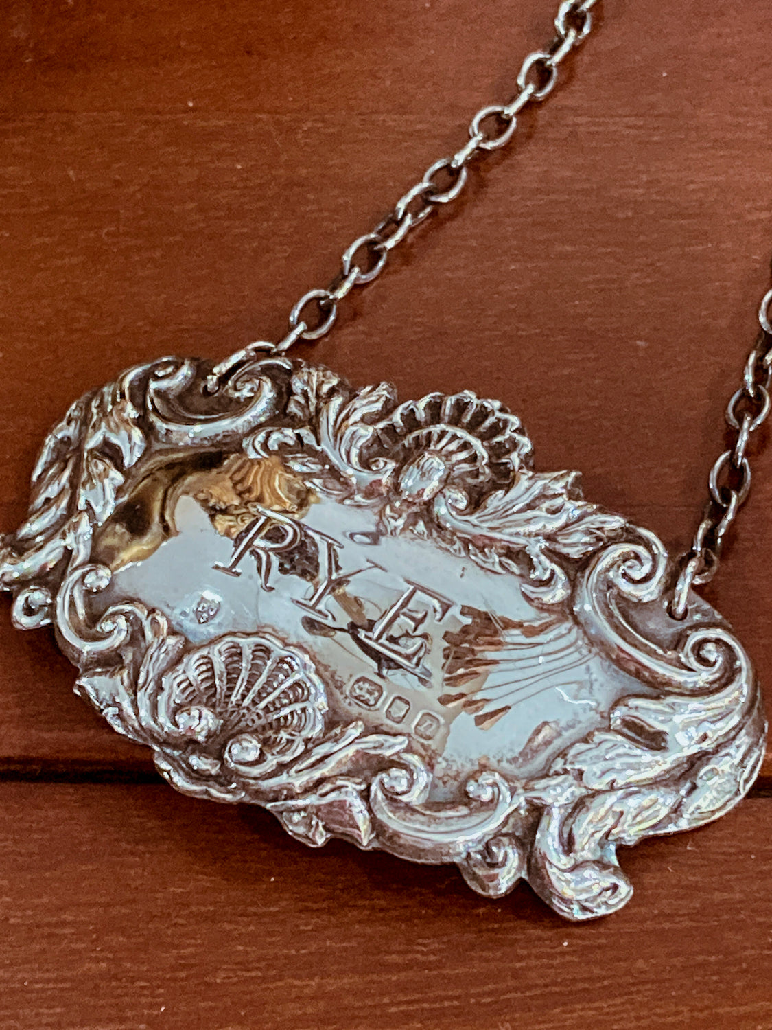 Antique Inspired English Repoussé Sterling Silver Rye Bottle Necklace Bar Tag
