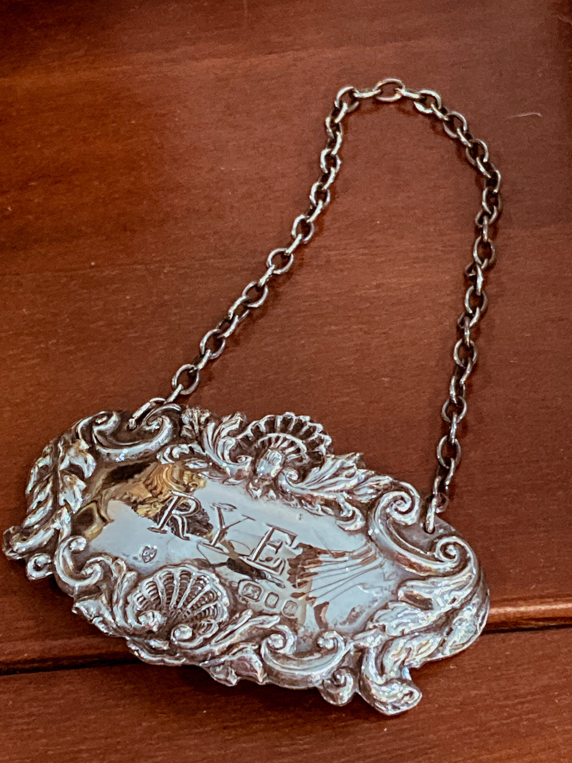 Antique Inspired English Repoussé Sterling Silver Rye Bottle Necklace Bar Tag