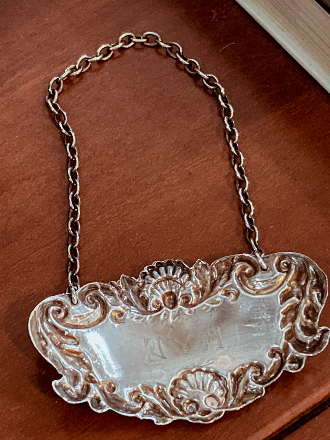 Antique Inspired English Repoussé Sterling Silver Rye Bottle Necklace Bar Tag