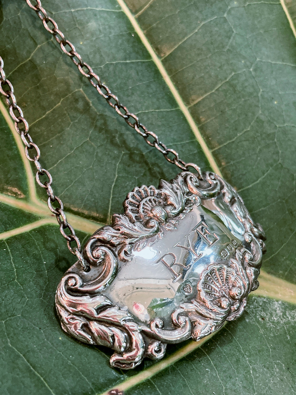 Antique Inspired English Repoussé Sterling Silver Rye Bottle Necklace Bar Tag
