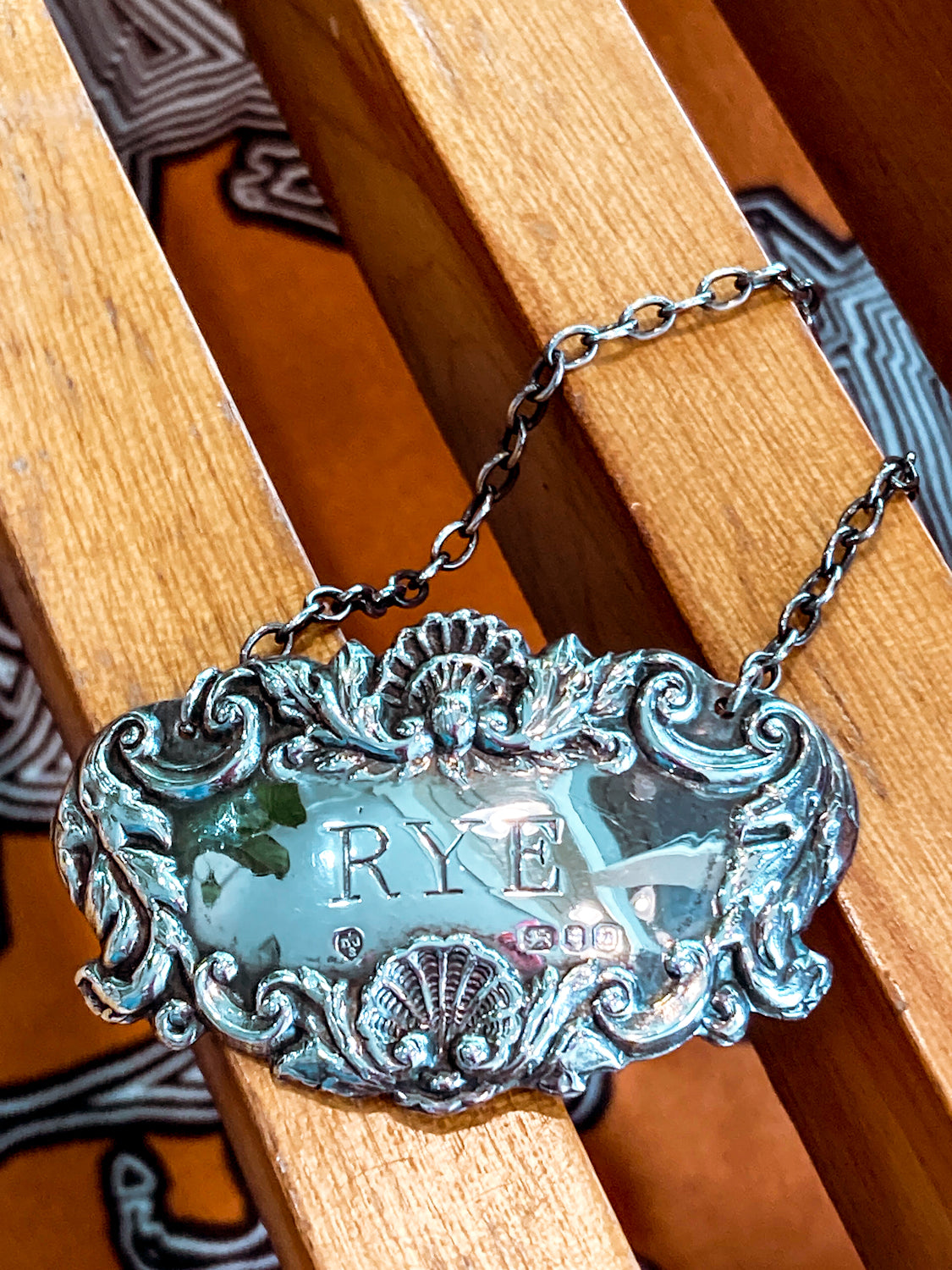 Antique Inspired English Repoussé Sterling Silver Rye Bottle Necklace Bar Tag