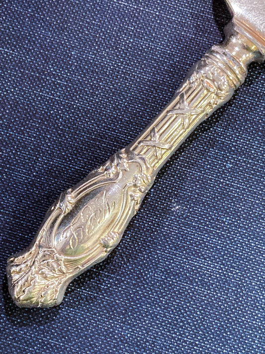 Vintage Silver Engraved Repoussé Handle Cheese Knife Server