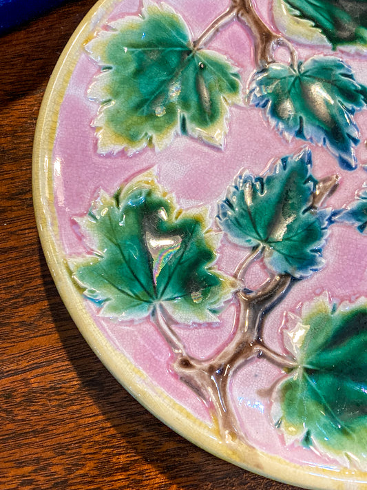 Antique Victorian Etruscan Majolica Pink Maple Leaf Decorative Plate