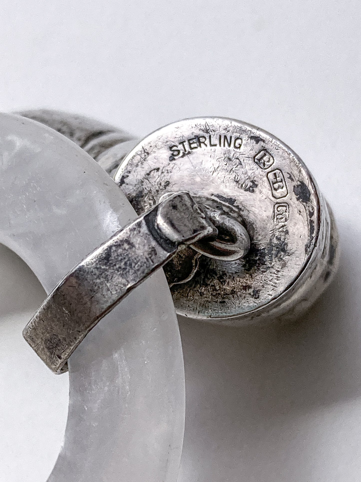 Antique Victorian Sterling Silver Baby Shoe Mother of Pearl Rattle on white background