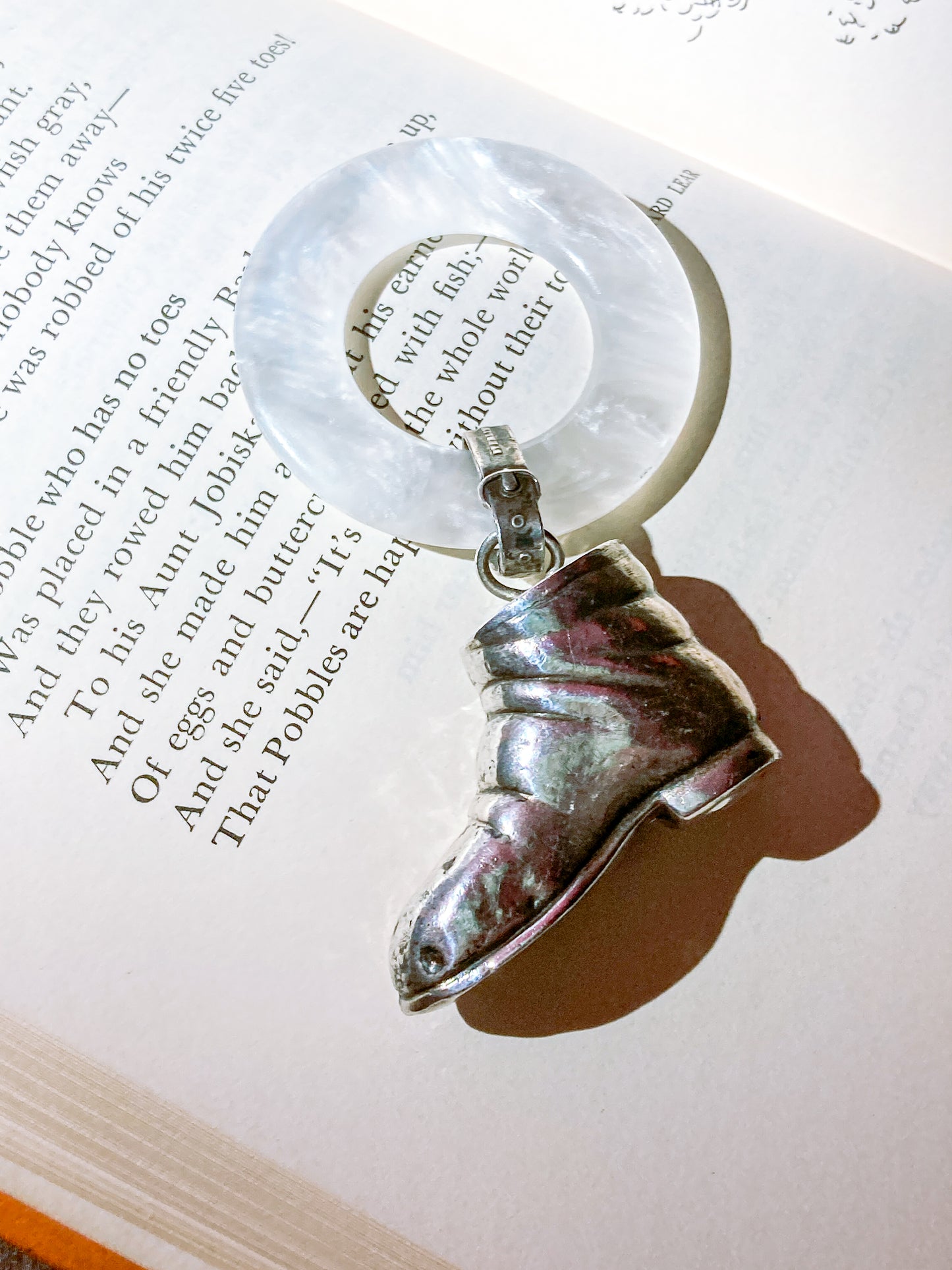 Antique Victorian Sterling Silver Baby Shoe Mother of Pearl Rattle on page