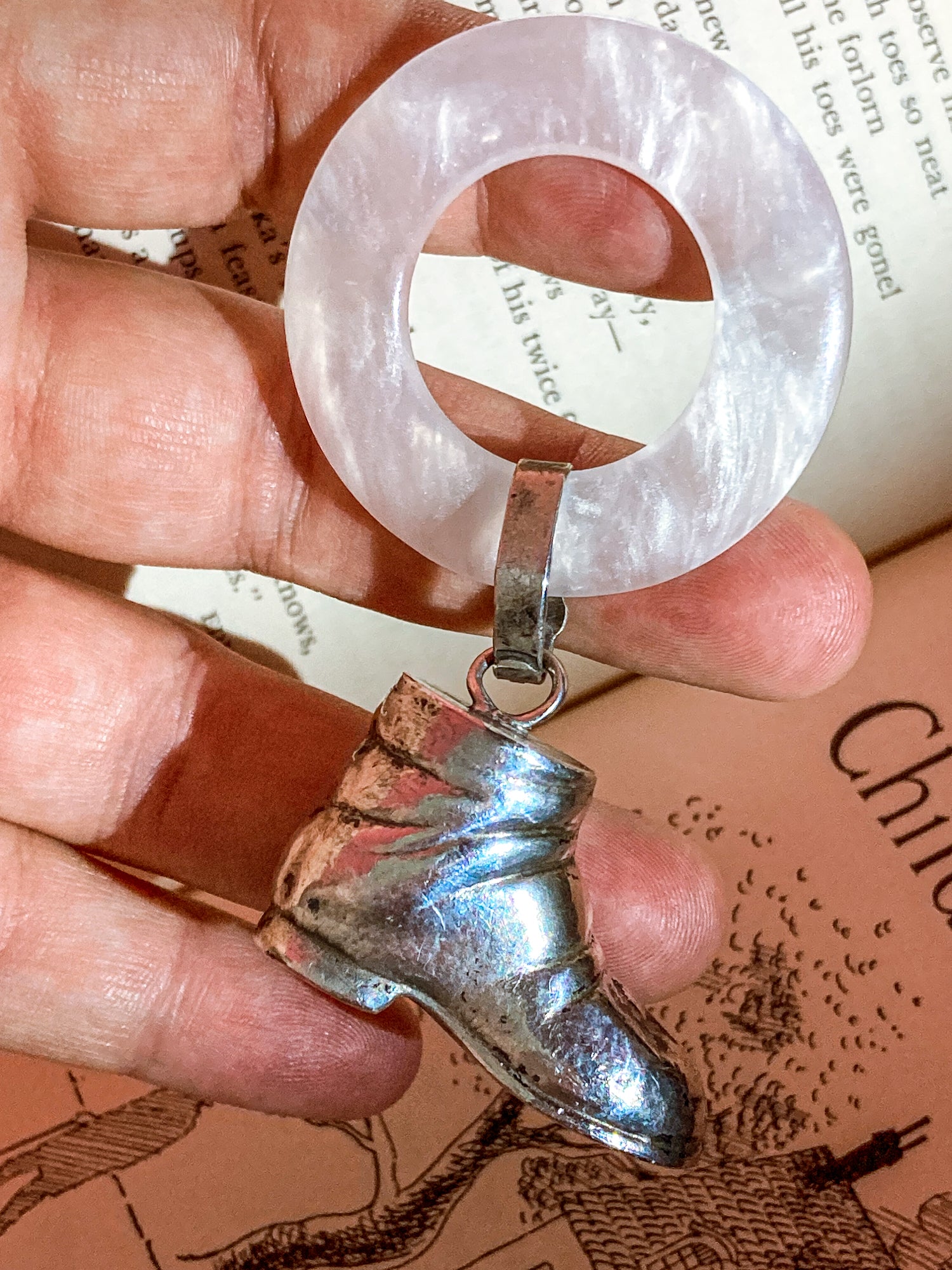 Antique Victorian Sterling Silver Baby Shoe Mother of Pearl Rattle in hand