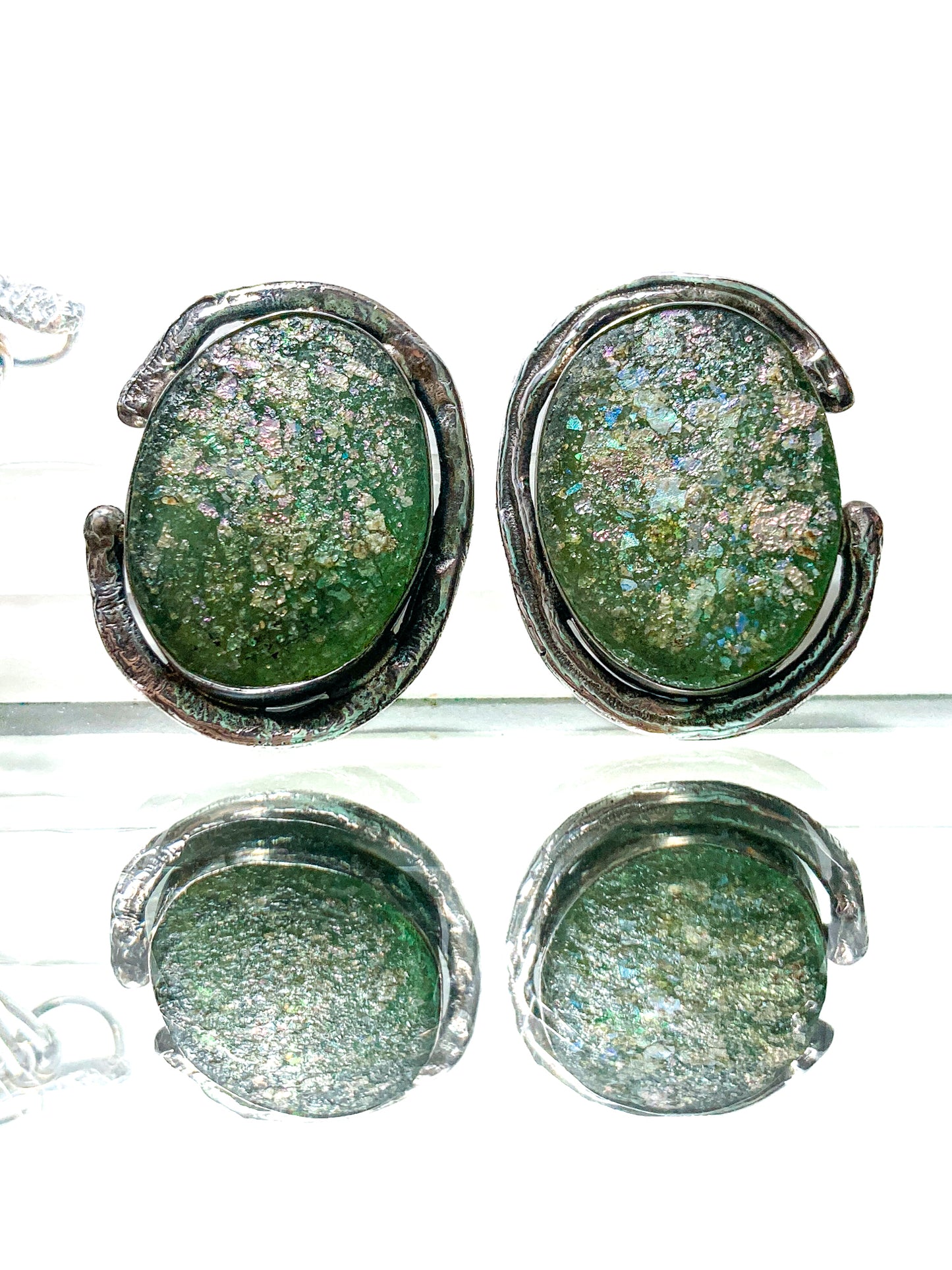 Artisan Avi Soffer Roman Glass Sterling Silver Post Earrings Brooch Pendant Set