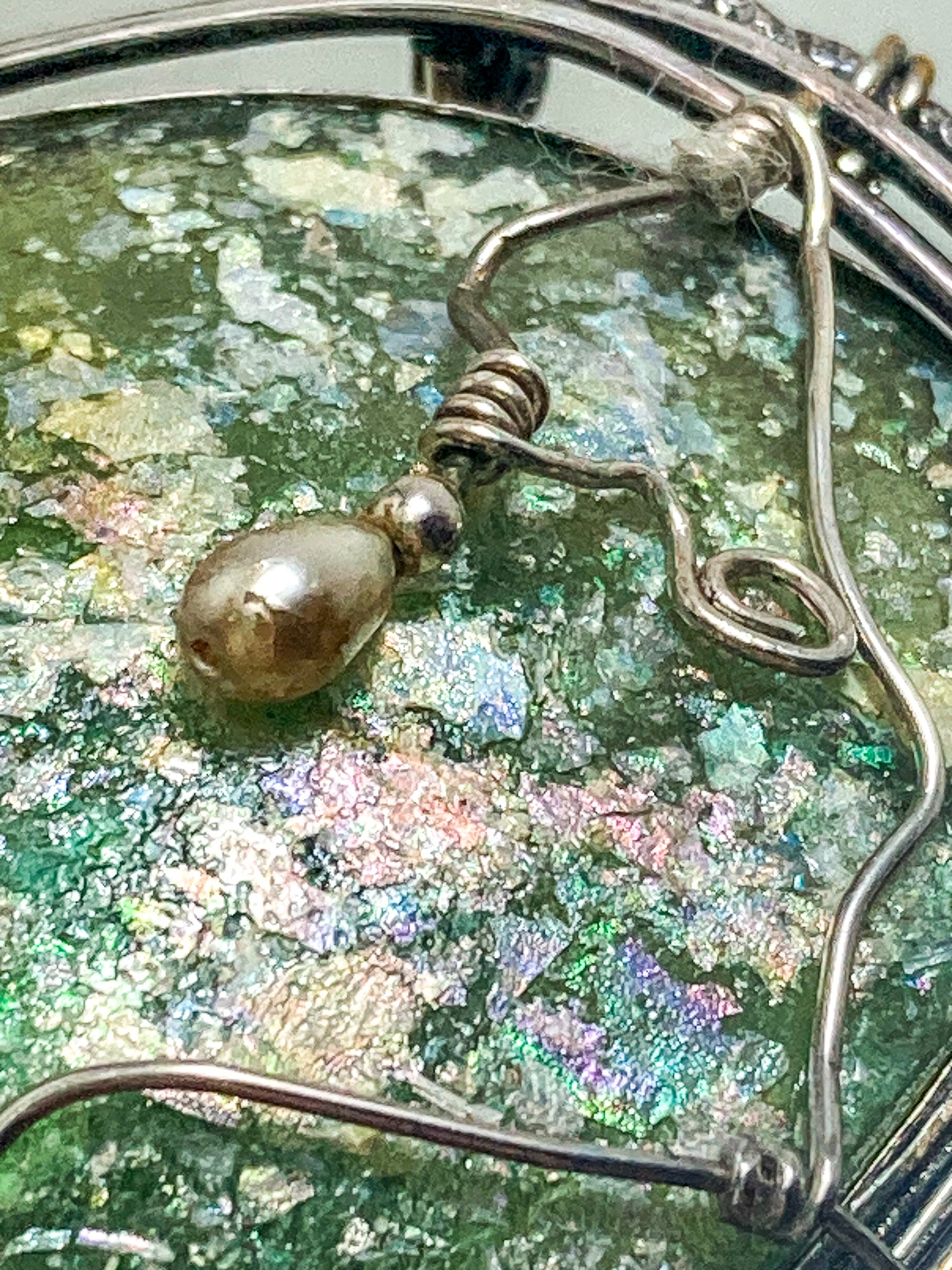 Artisan Avi Soffer Roman Glass Sterling Silver Post Earrings Brooch Pendant Set