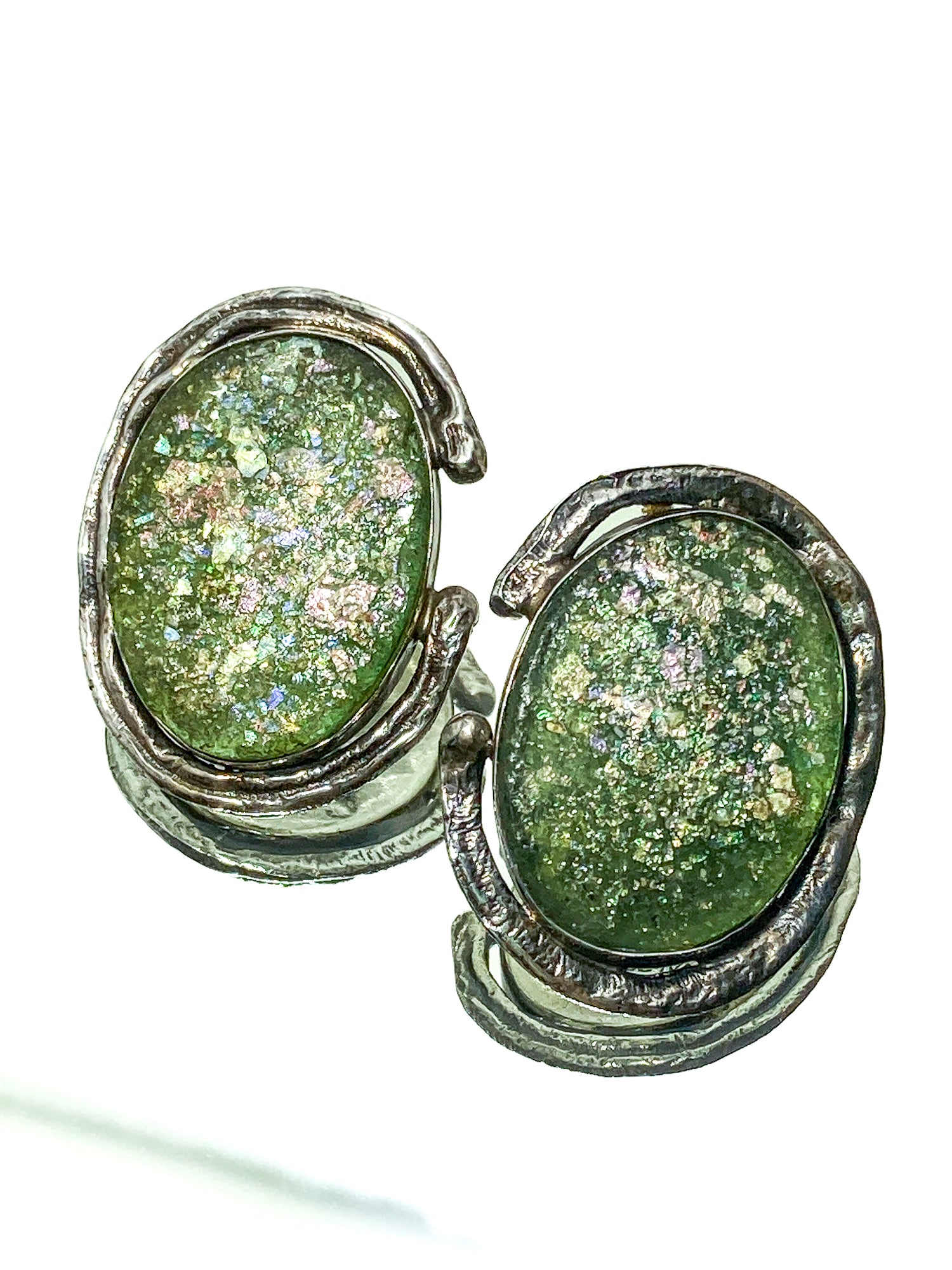 Artisan Avi Soffer Roman Glass Sterling Silver Post Earrings Brooch Pendant Set