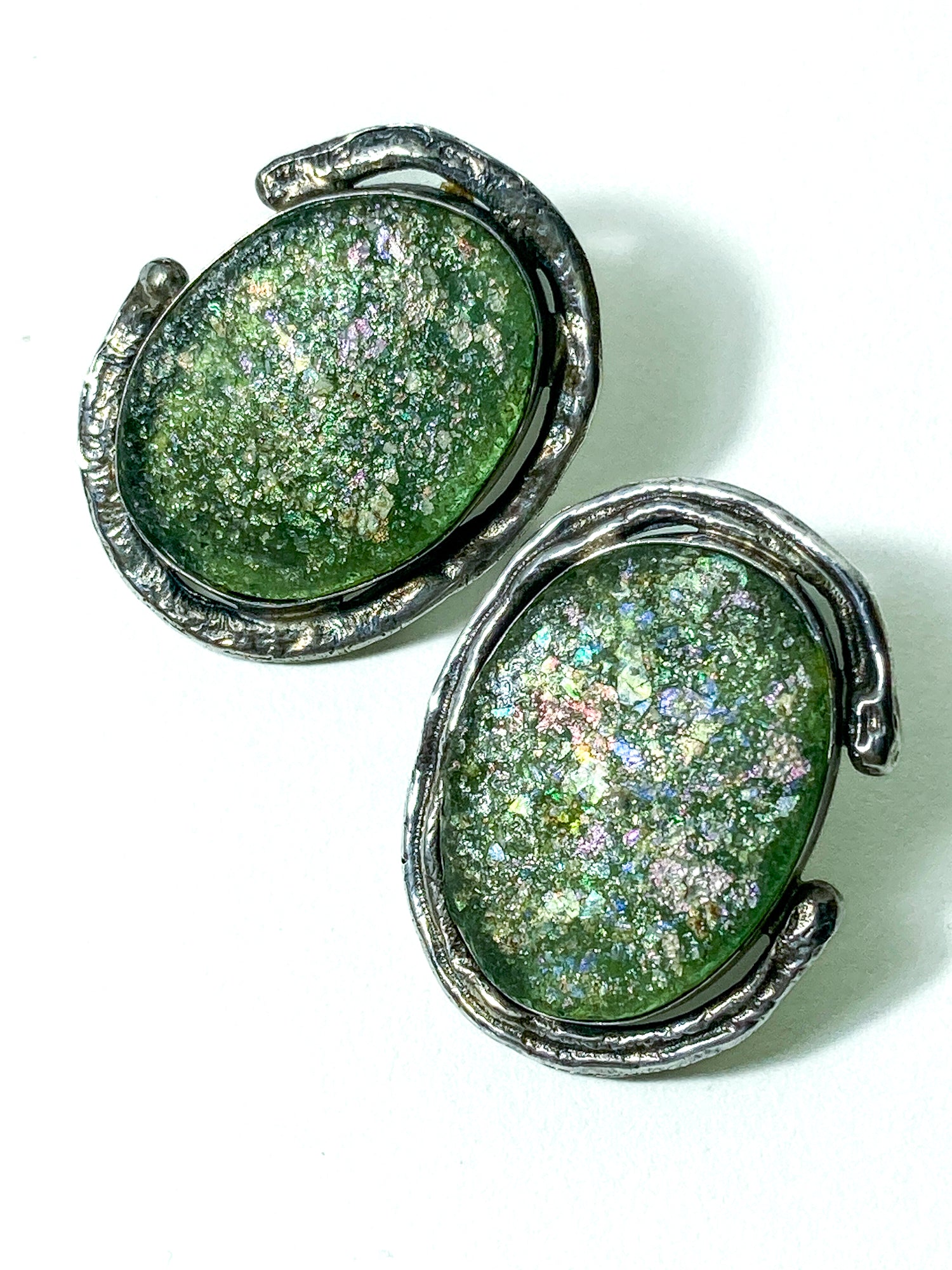 Artisan Avi Soffer Roman Glass Sterling Silver Post Earrings Brooch Pendant Set