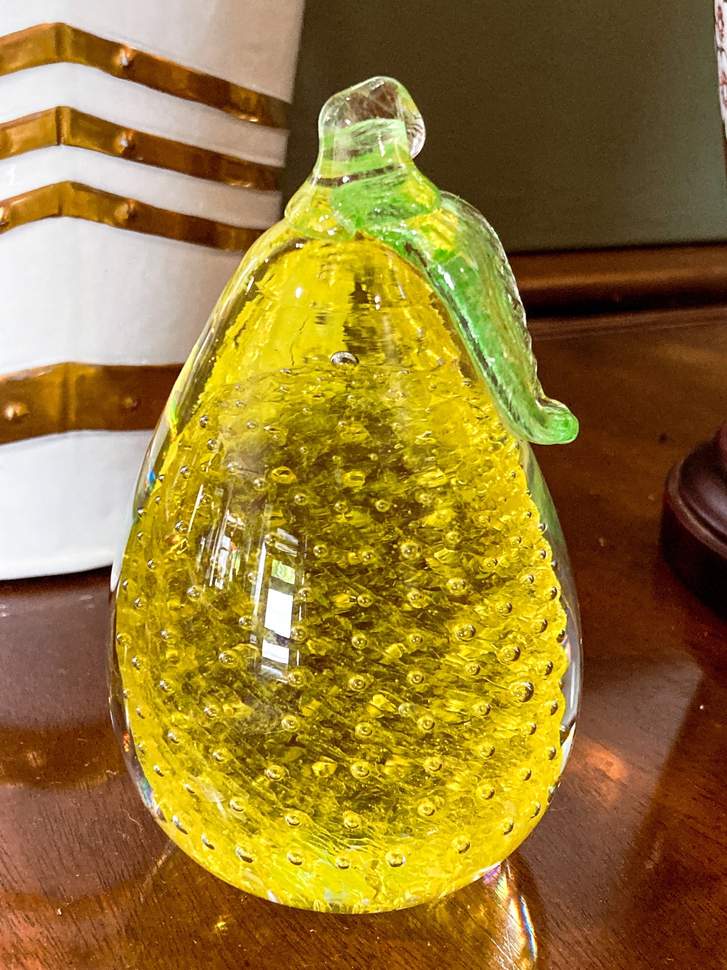 Colorful Unsigned Blown Bubble Glass Yellow Pear Fruit Paperweight