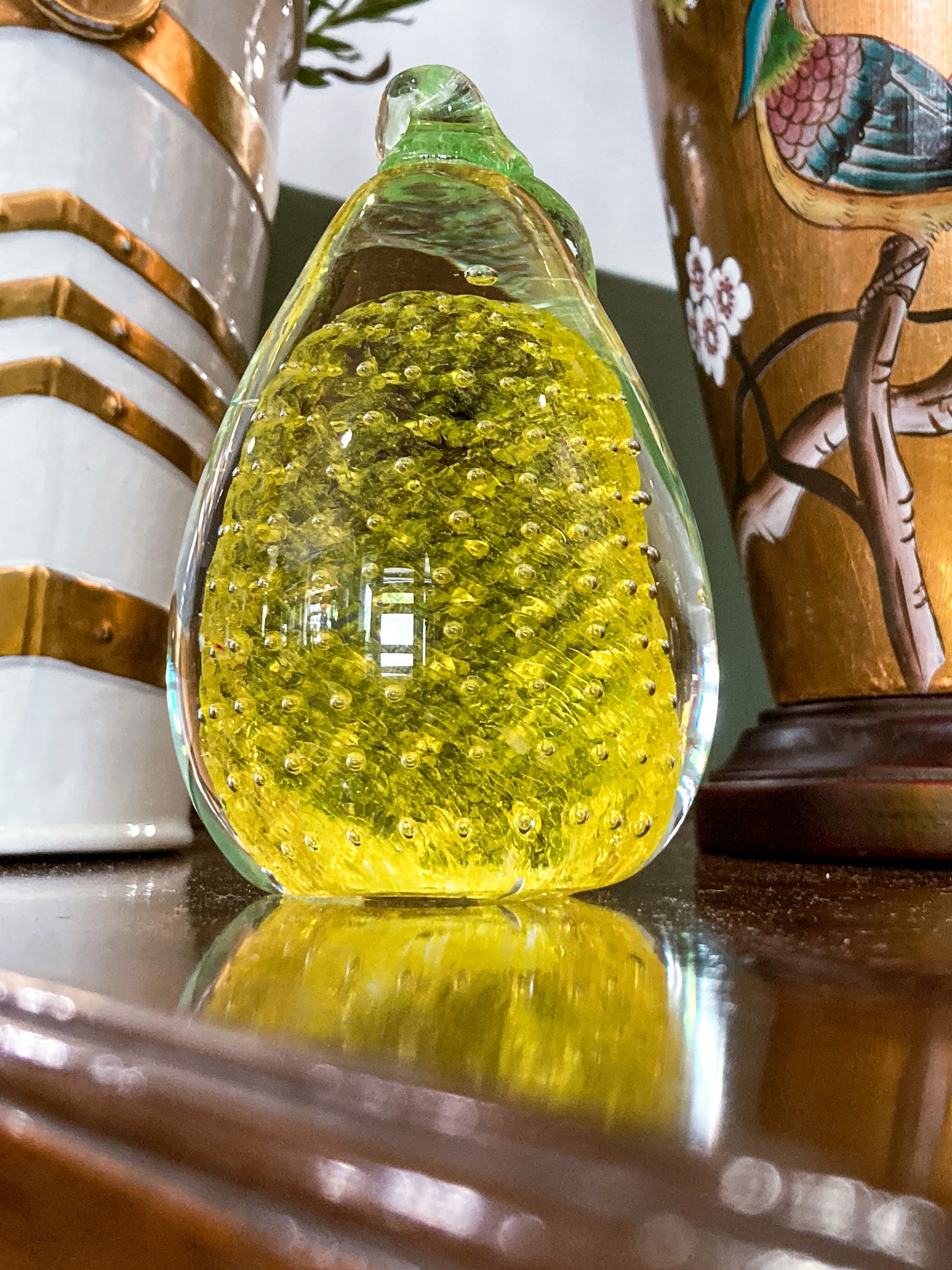Colorful Unsigned Blown Bubble Glass Yellow Pear Fruit Paperweight