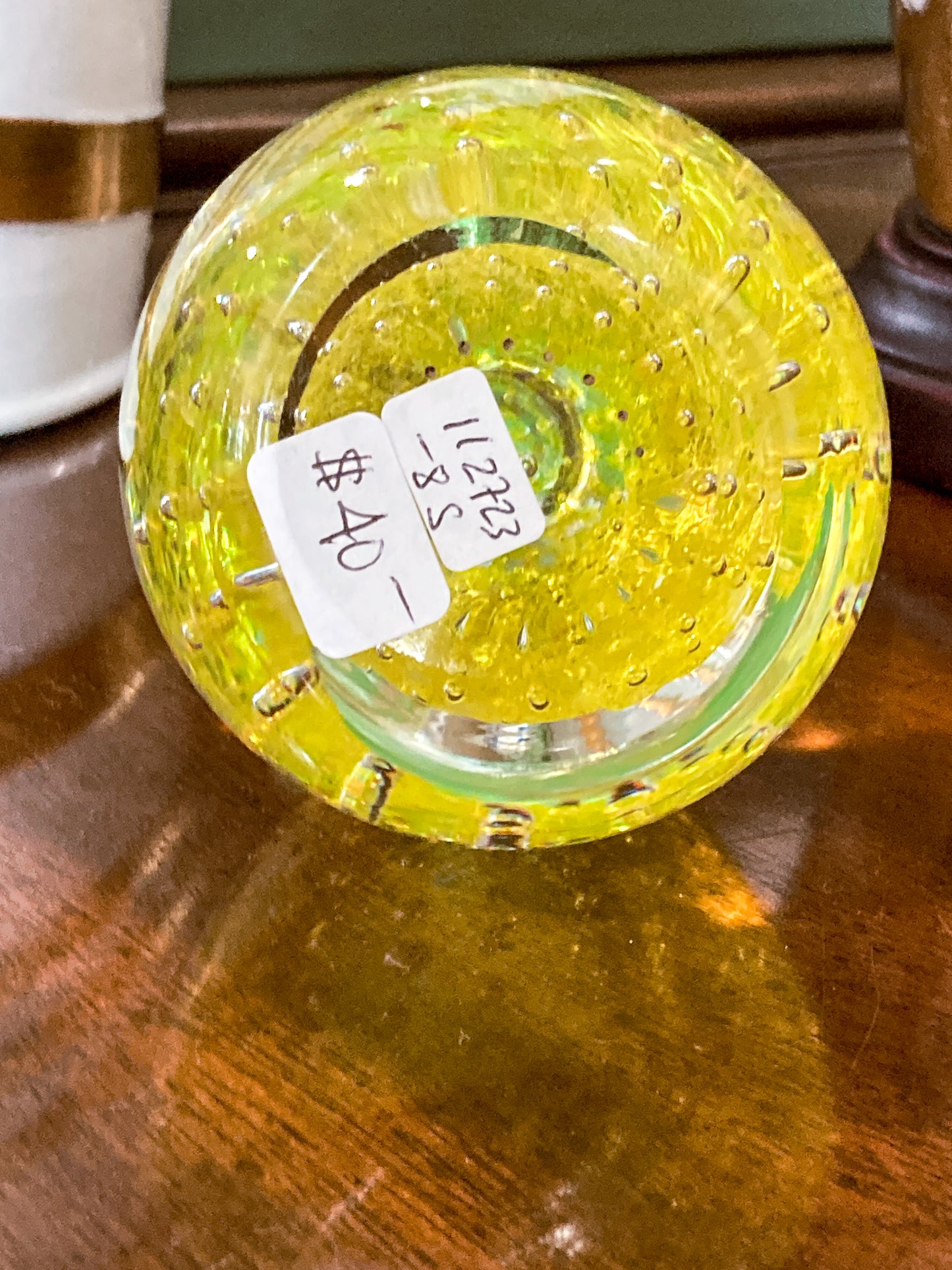 Colorful Unsigned Blown Bubble Glass Yellow Pear Fruit Paperweight