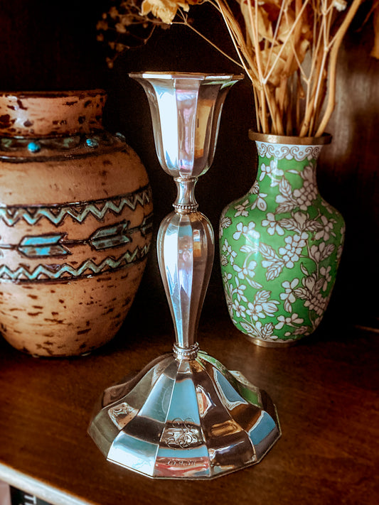 Silver candle holder with two decorative vases in the background; Elegant Vintage 1956 Finnish Sterling Silver Monogramed Candlestick