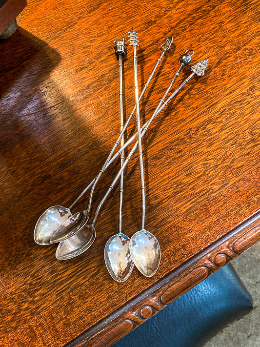 Five Antique 1920s Sterling Silver Japanese Charm Tip Iced Tea Spoons