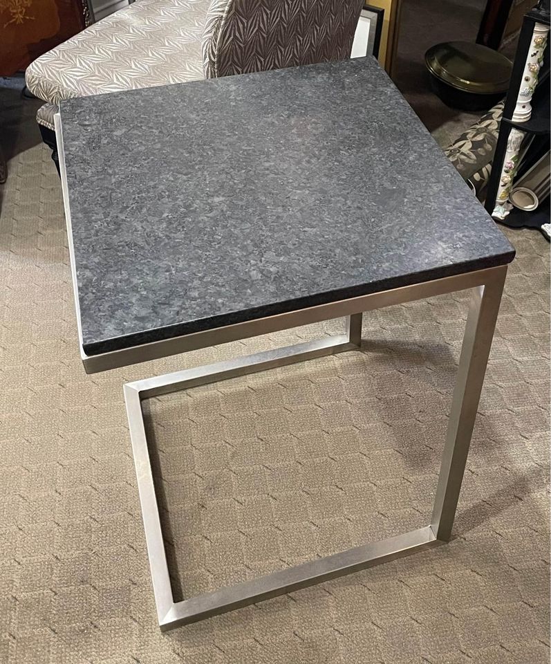MCM Style Black Stone Top Chrome Tuckable Sliding Accent Table