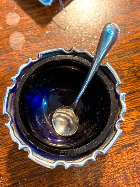 Pair Antique Mappin & Webb Sterling Silver Cobalt Glass Footed Salt Cellars