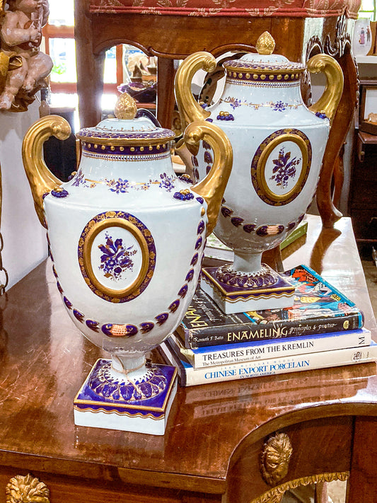 Pair Vintage 1980's 18th Century Style Blue White Gold Mottahedeh Porcelain Urns