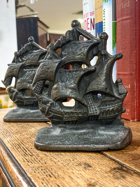 Pair Vintage Bronze Cast Metal Sailboat Pirate Ship Sculptural Bookends
