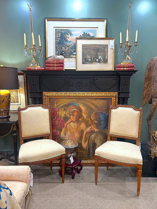Pair Vintage French Louis XVI Style Yellow Upholstered Wooden Chairs