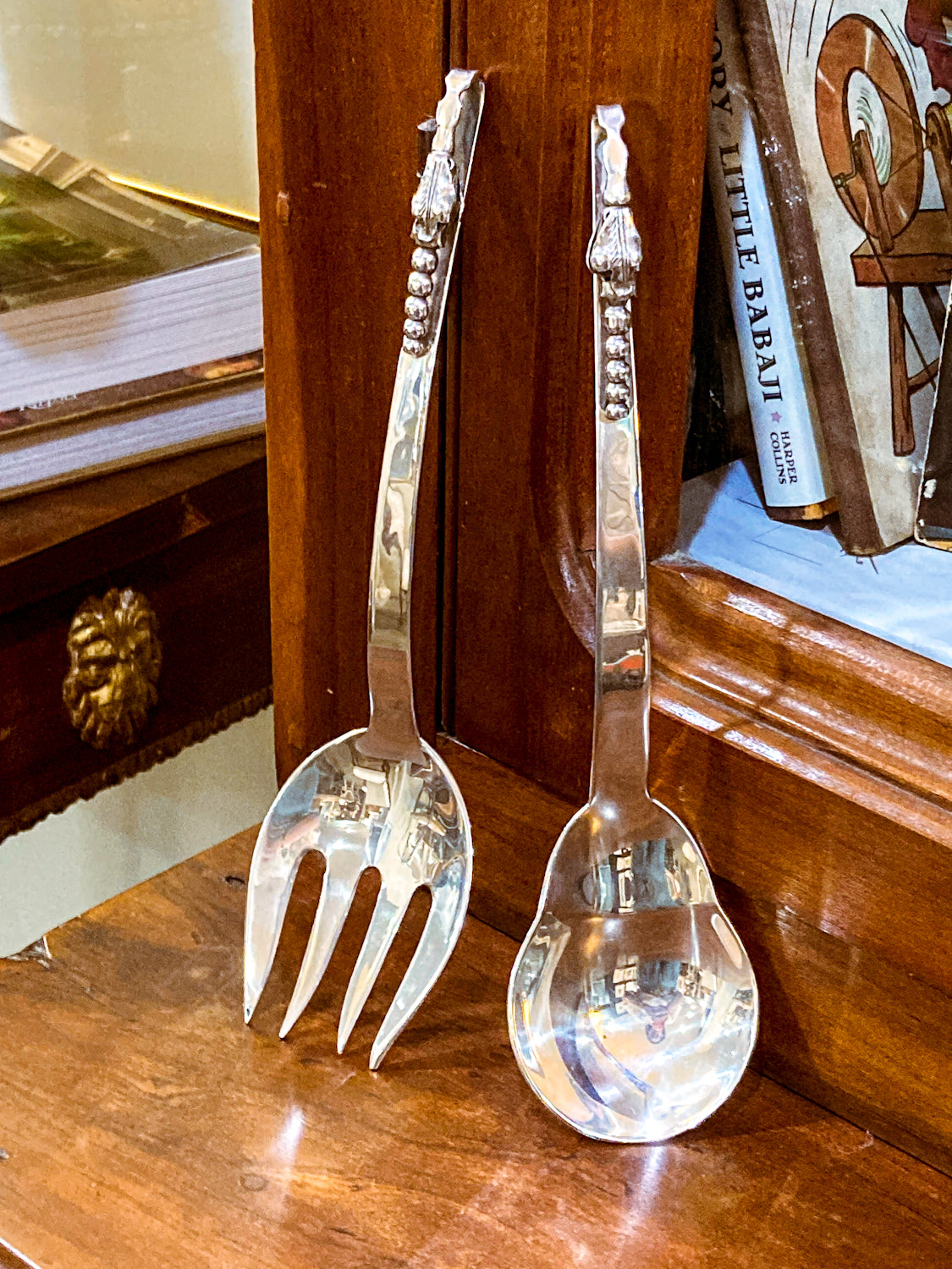 Pair Vintage MCM F. Ramirez Sterling Silver Blossom Handle Salad Fork Spoon Set