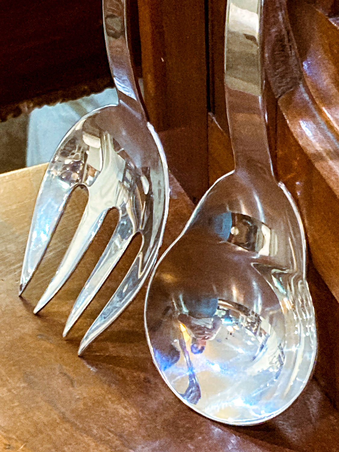 Pair Vintage MCM F. Ramirez Sterling Silver Blossom Handle Salad Fork Spoon Set