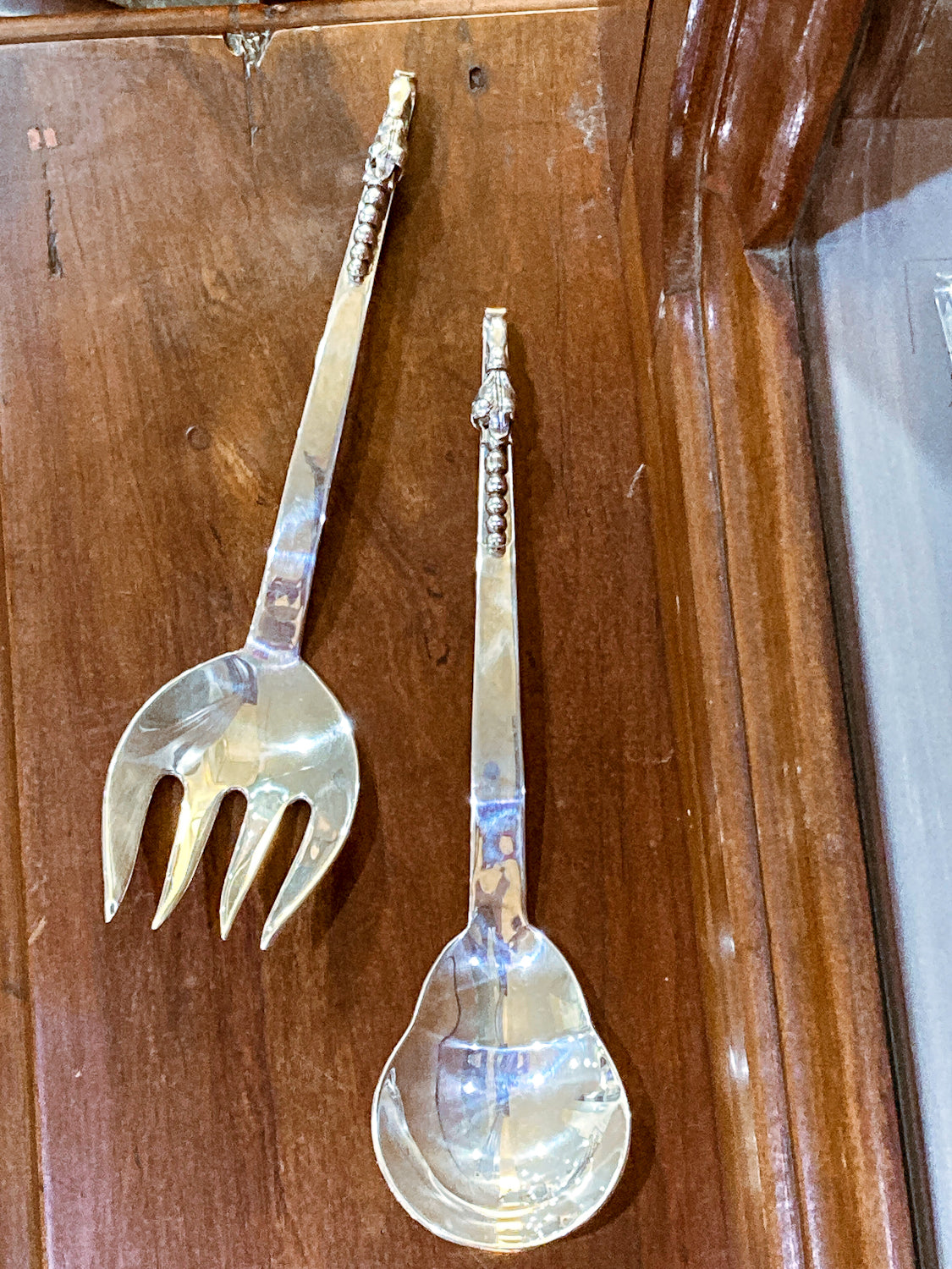 Pair Vintage MCM F. Ramirez Sterling Silver Blossom Handle Salad Fork Spoon Set
