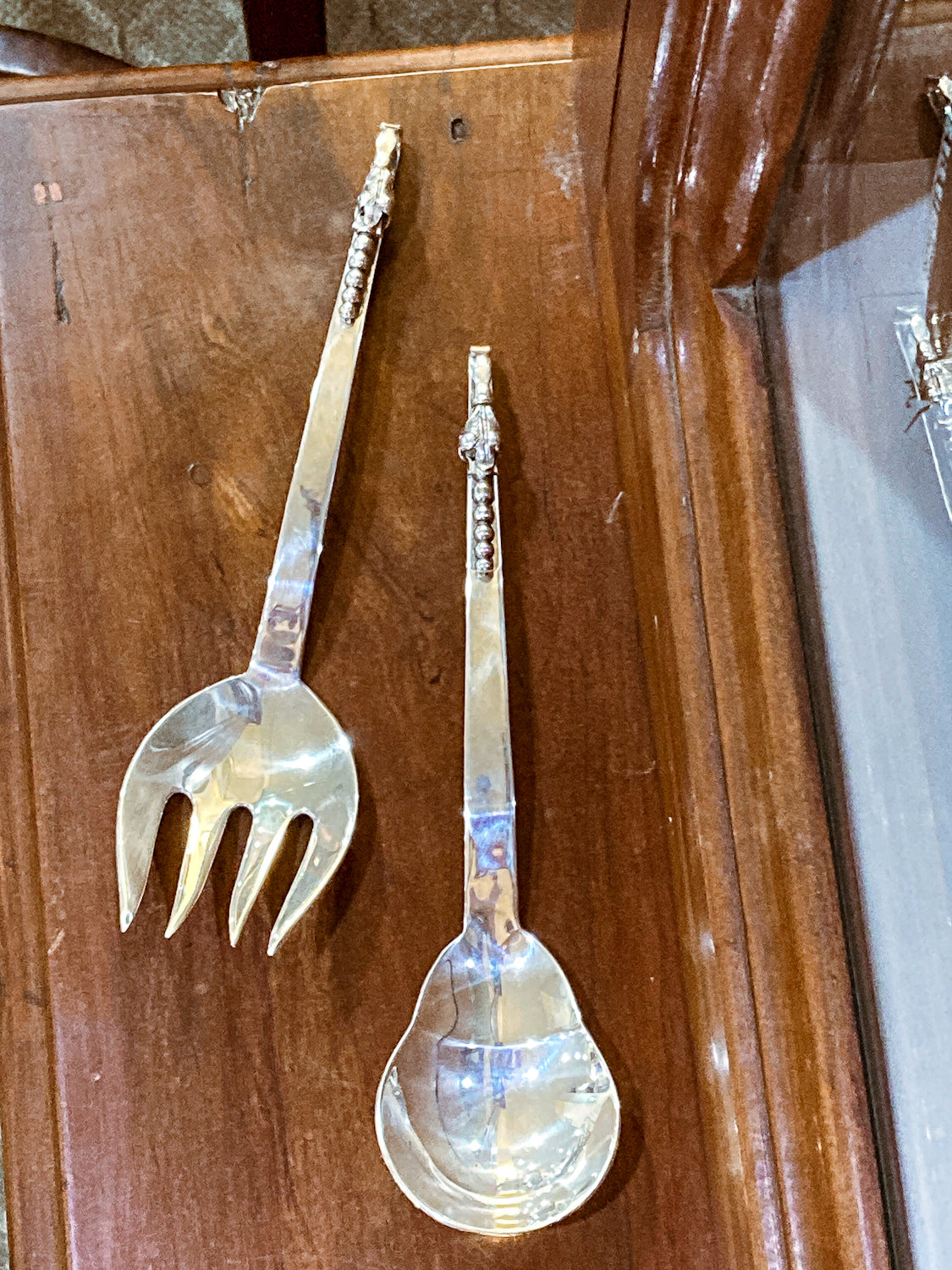 Pair Vintage MCM F. Ramirez Sterling Silver Blossom Handle Salad Fork Spoon Set