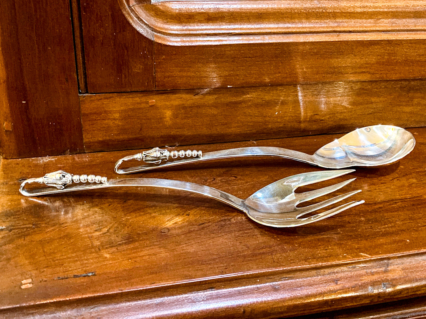 Pair Vintage MCM F. Ramirez Sterling Silver Blossom Handle Salad Fork Spoon Set
