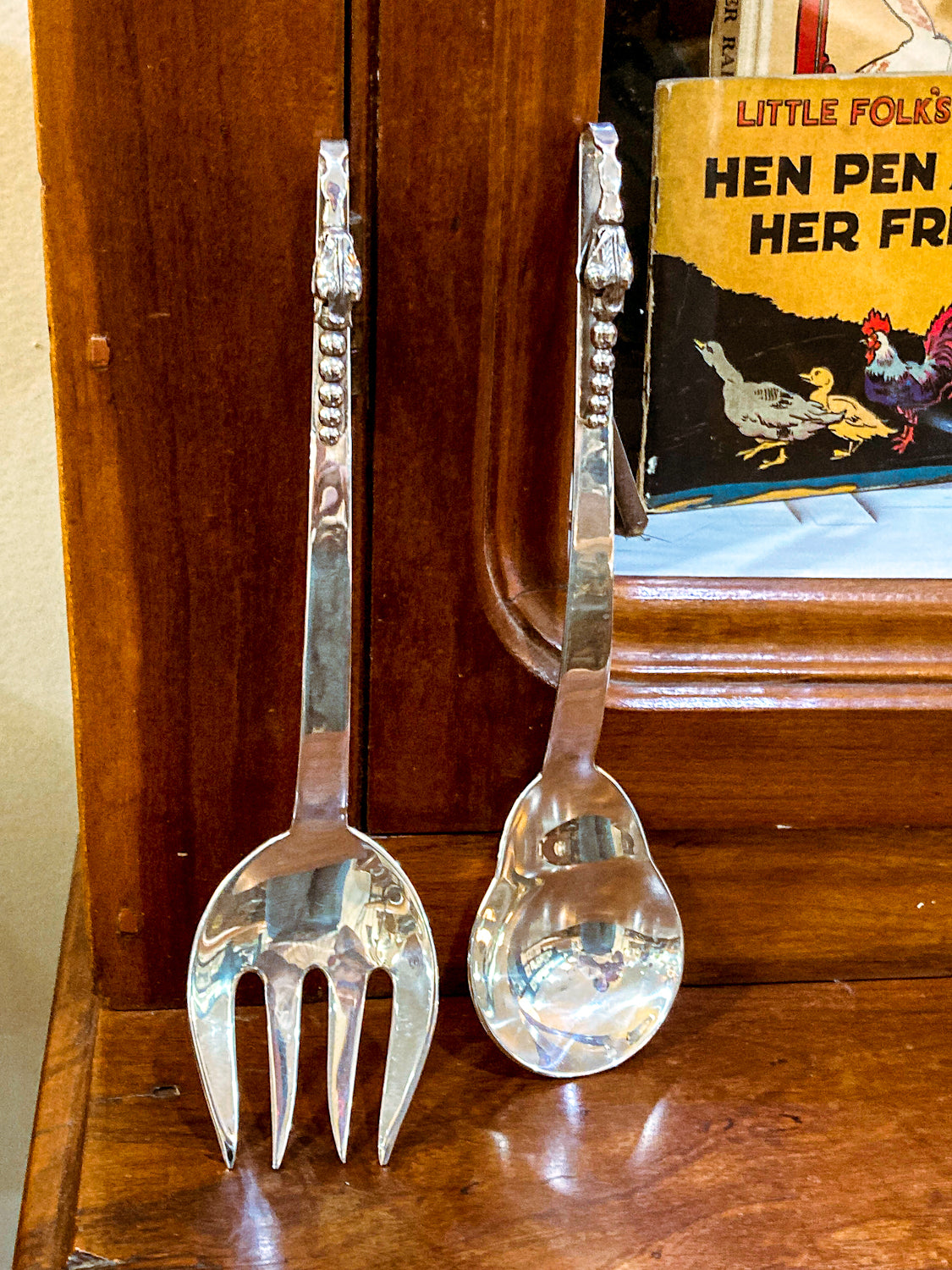 Pair Vintage MCM F. Ramirez Sterling Silver Blossom Handle Salad Fork Spoon Set