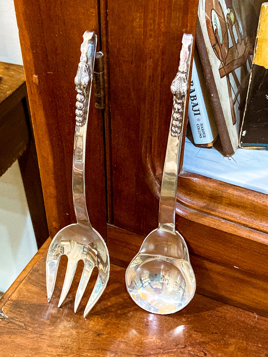 Pair Vintage MCM F. Ramirez Sterling Silver Blossom Handle Salad Fork Spoon Set