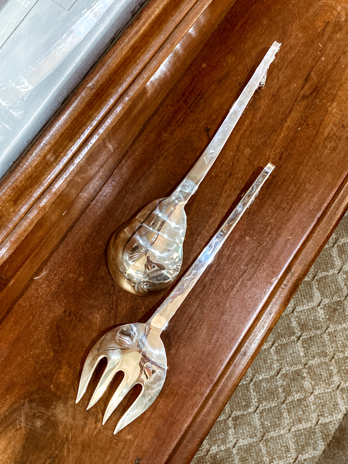 Pair Vintage MCM F. Ramirez Sterling Silver Blossom Handle Salad Fork Spoon Set